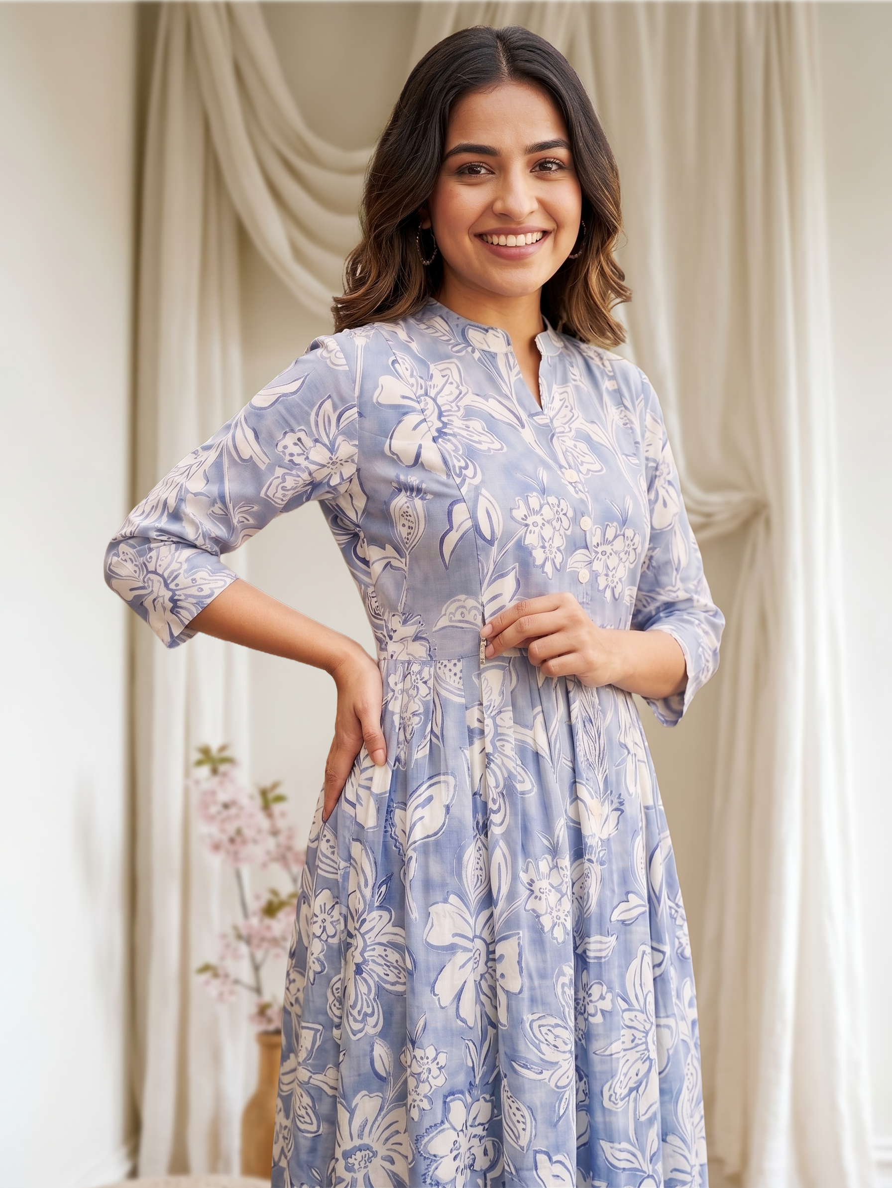 Classic Delight Blue Printed Maternity and Feeding Dress