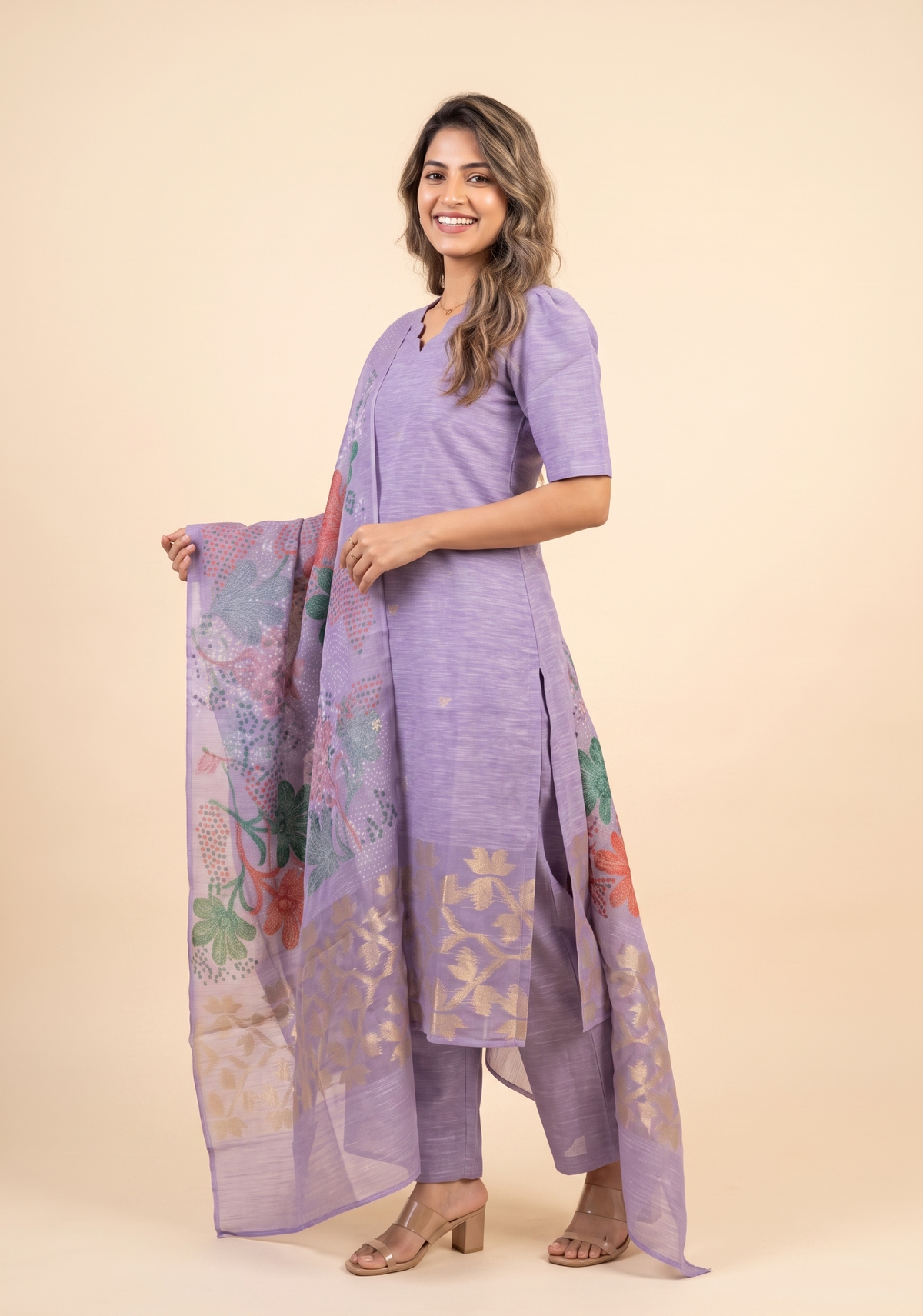 Lira Printed 3 Piece Organza Slub Kurta Set with Dupatta