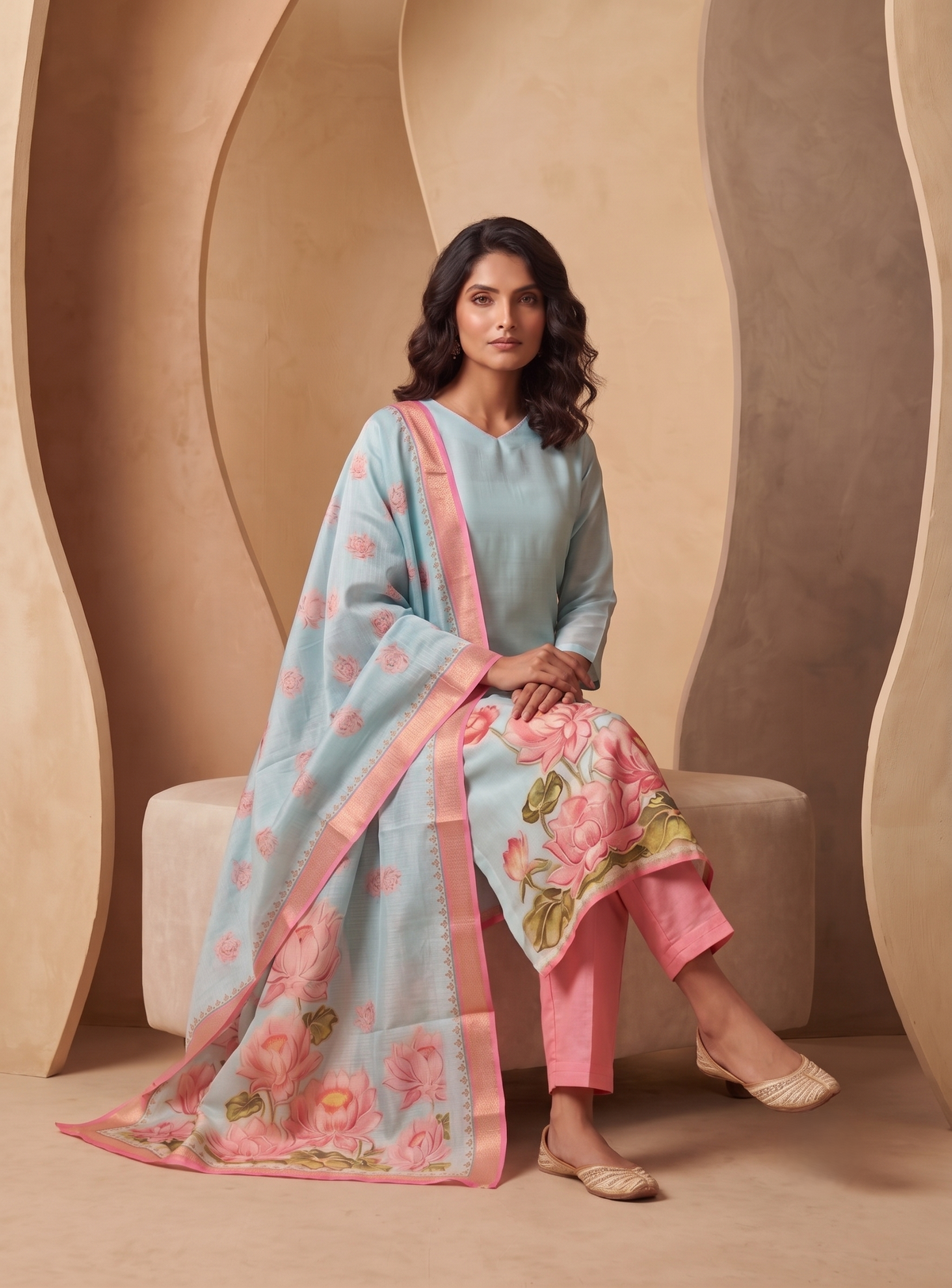 Lotus Mist Blue Printed 3 Piece Shimmer Tissue Kurti Set with Dupatta