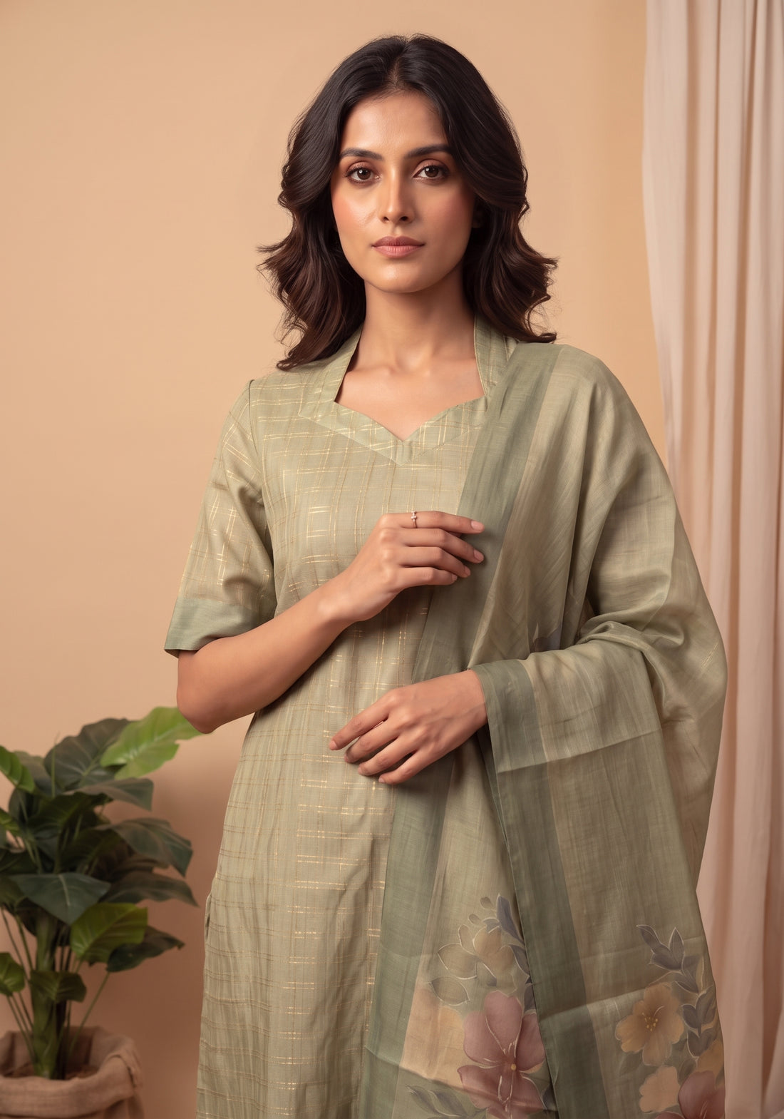 Olive Green 3 Piece Tussar Silk Printed Kurta Set with Dupatta