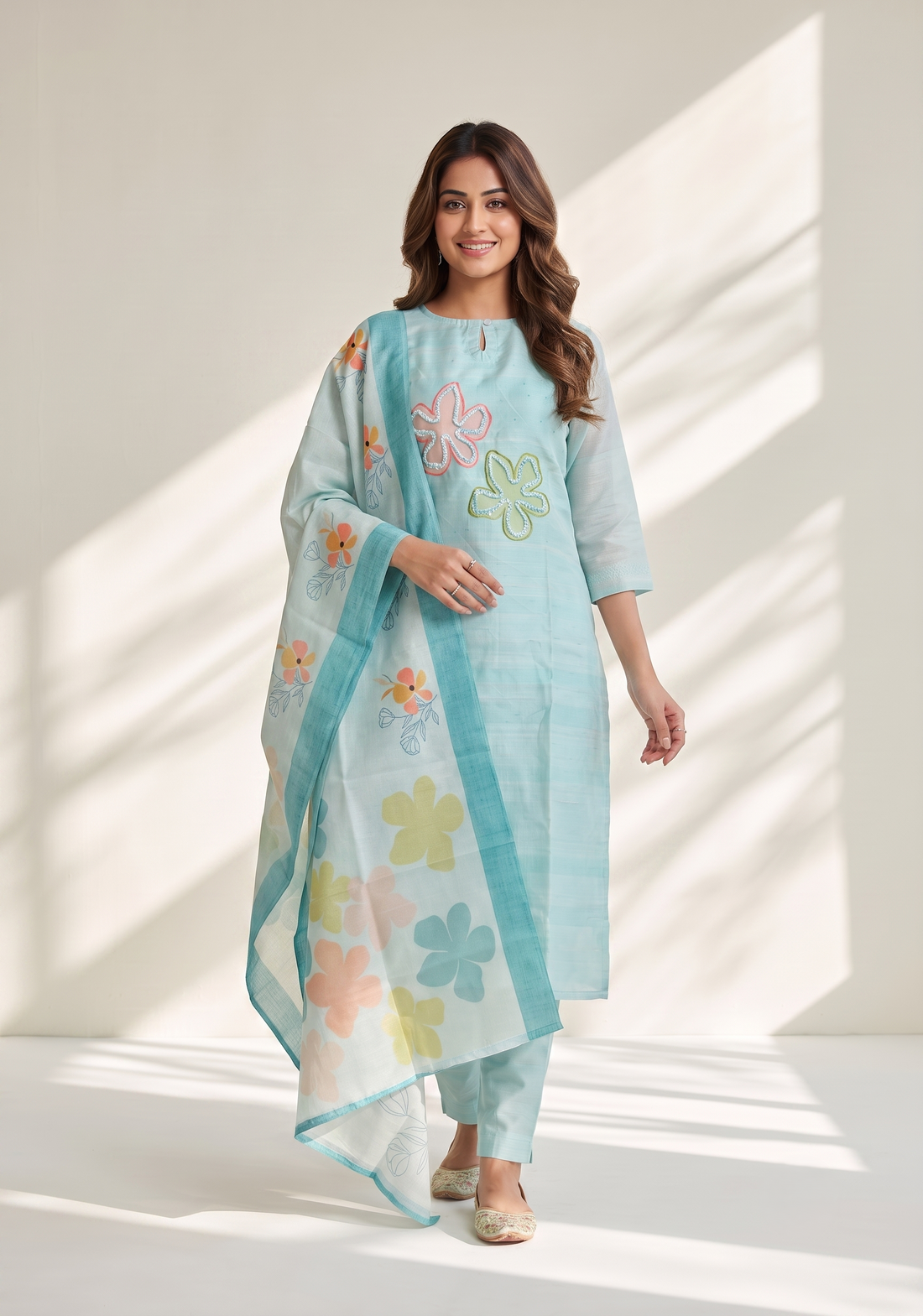 Blueish Blue 3 Piece Tussar Silk Blend Printed Hand-Embroidered Kurta with Pant & Dupatta
