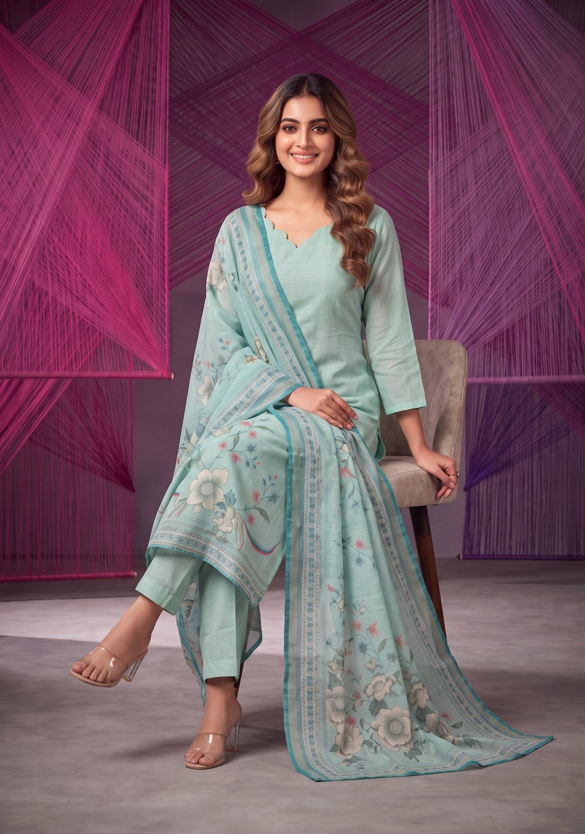 Tharisa Greyish Blue 3 Piece Shimmer Tissue Blend Placement Printed Kurta with Pant & Dupatta