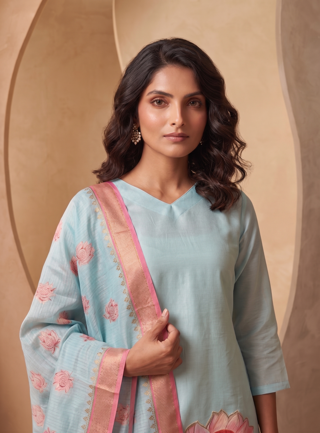 Lotus Mist Blue Printed 3 Piece Shimmer Tissue Kurti Set with Dupatta