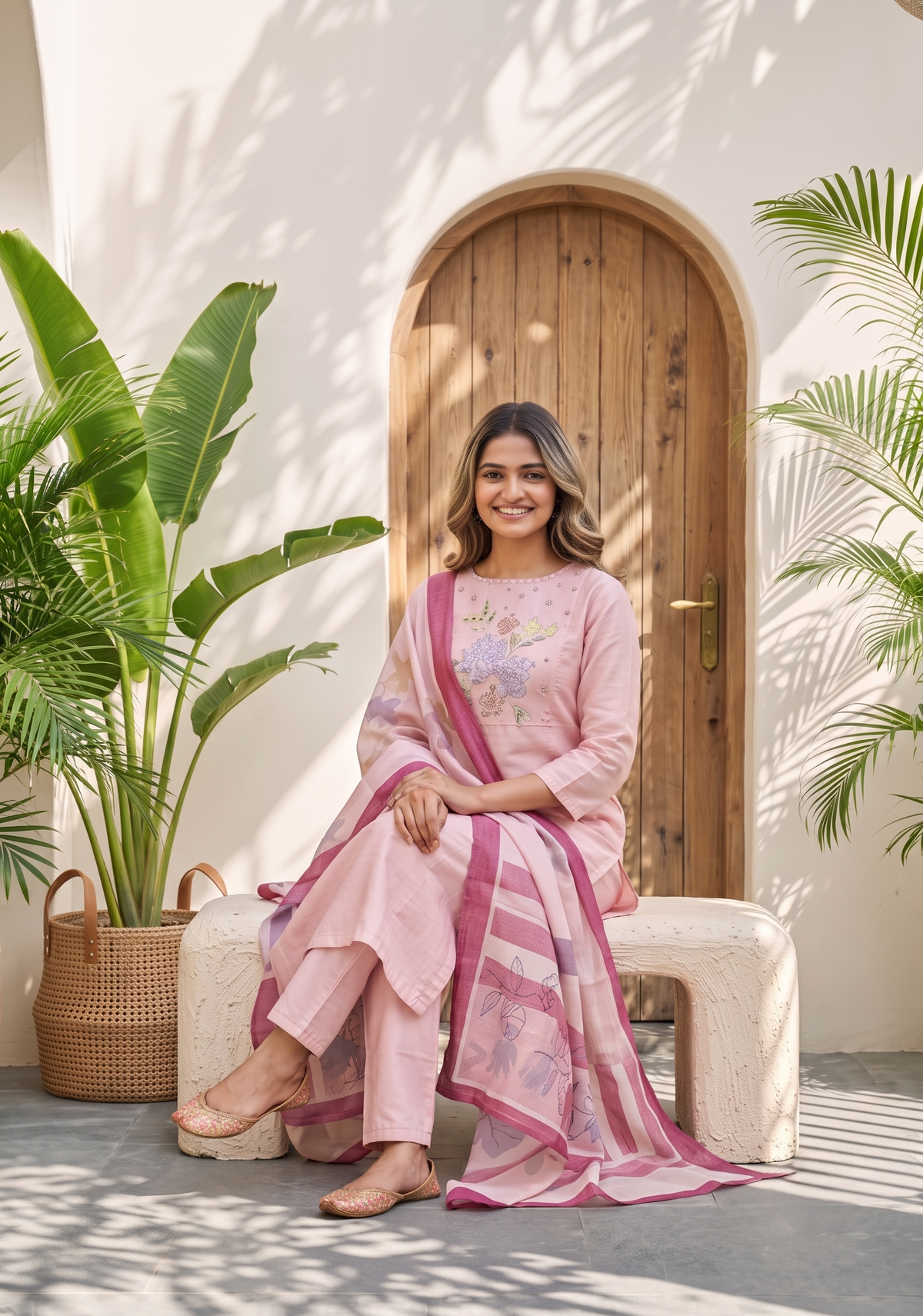 Rose Mist Light Pink 3 Piece Tussar Silk Blend Floral Embroidered & Printed Kurta with Pant & Dupatta