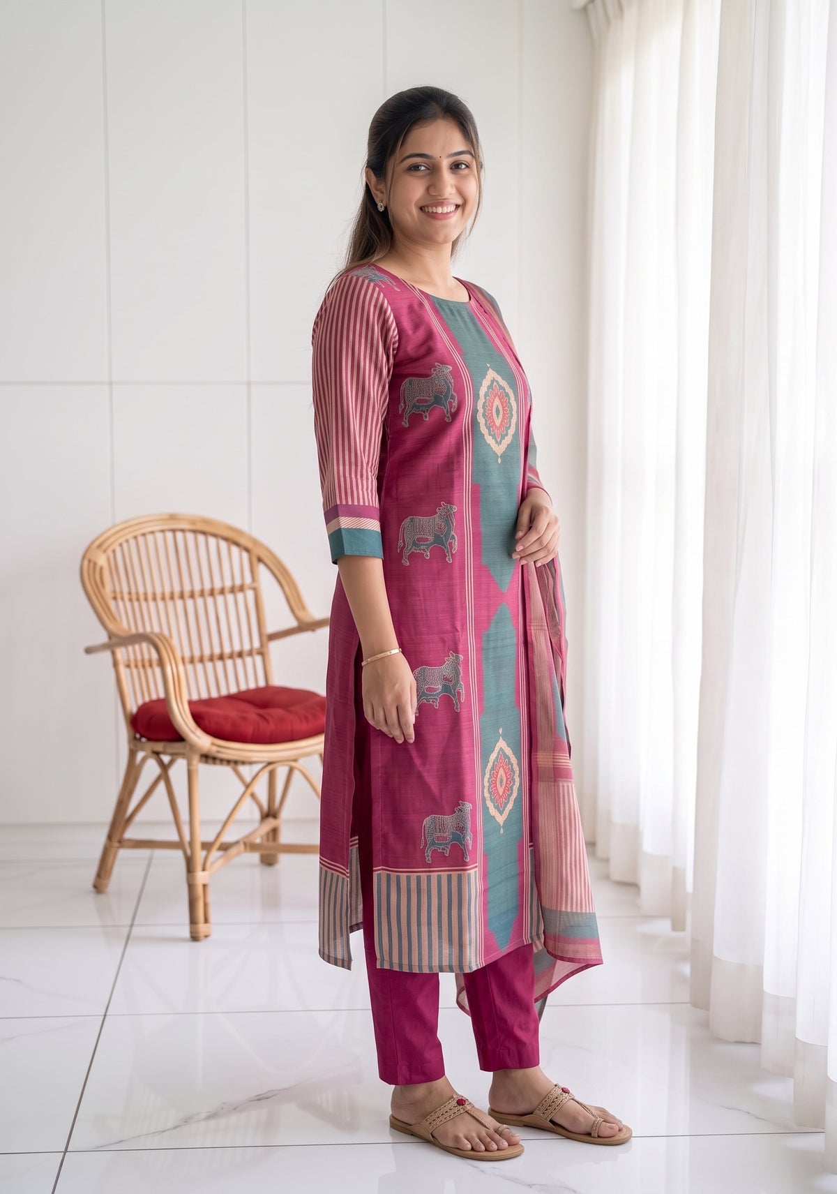 Rustic Grace Red 2 Piece Shimmer Tissue Blend Placement Printed Kurta with Dupatta