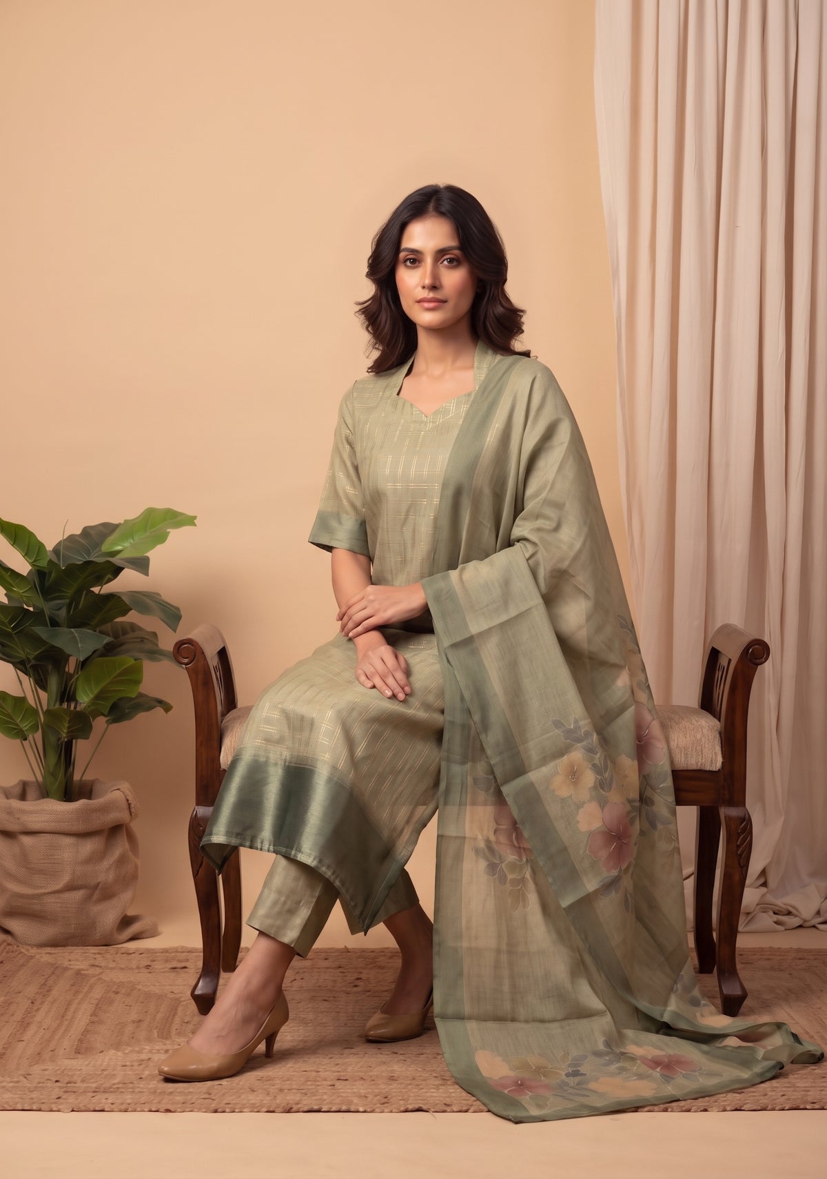 Olive Green 3 Piece Tussar Silk Printed Kurta Set with Dupatta