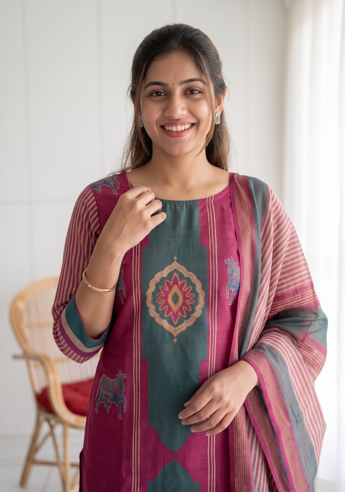 Rustic Grace Red 2 Piece Shimmer Tissue Blend Placement Printed Kurta with Dupatta