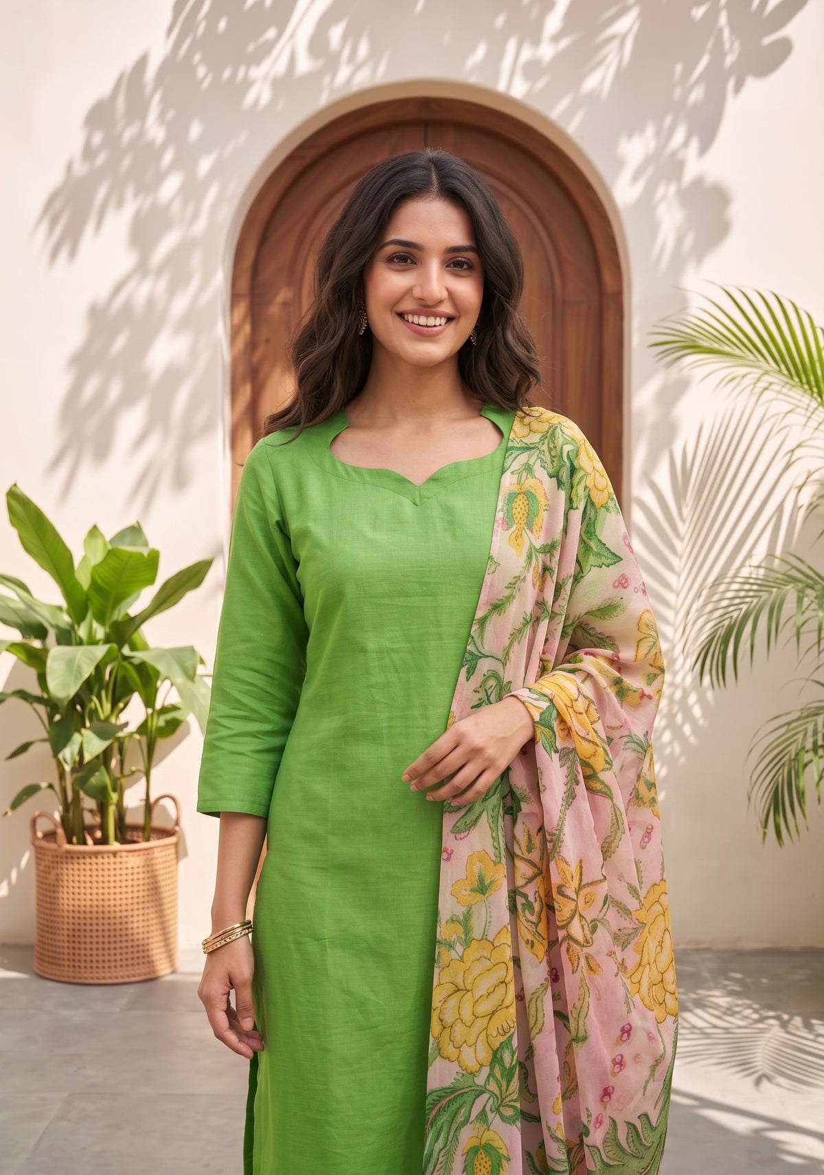 Floral Charmist Solid 2 Piece Raw silk blend Kurta with Printed Dupatta