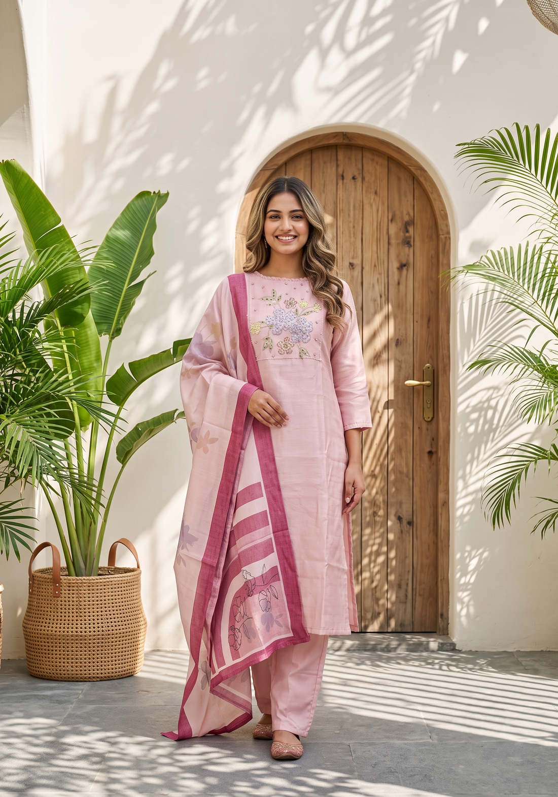Rose Mist Light Pink 3 Piece Tussar Silk Blend Floral Embroidered & Printed Kurta with Pant & Dupatta