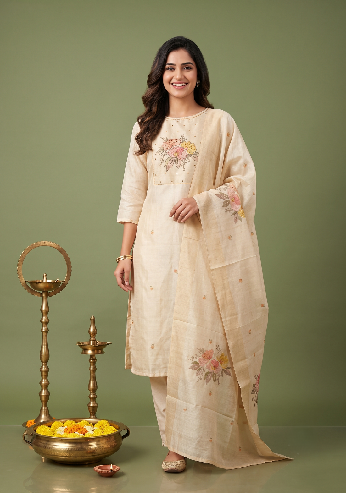 Fable Blossom Embroidered 3 Piece Butter Silk Blend Kurta Set with Dupatta