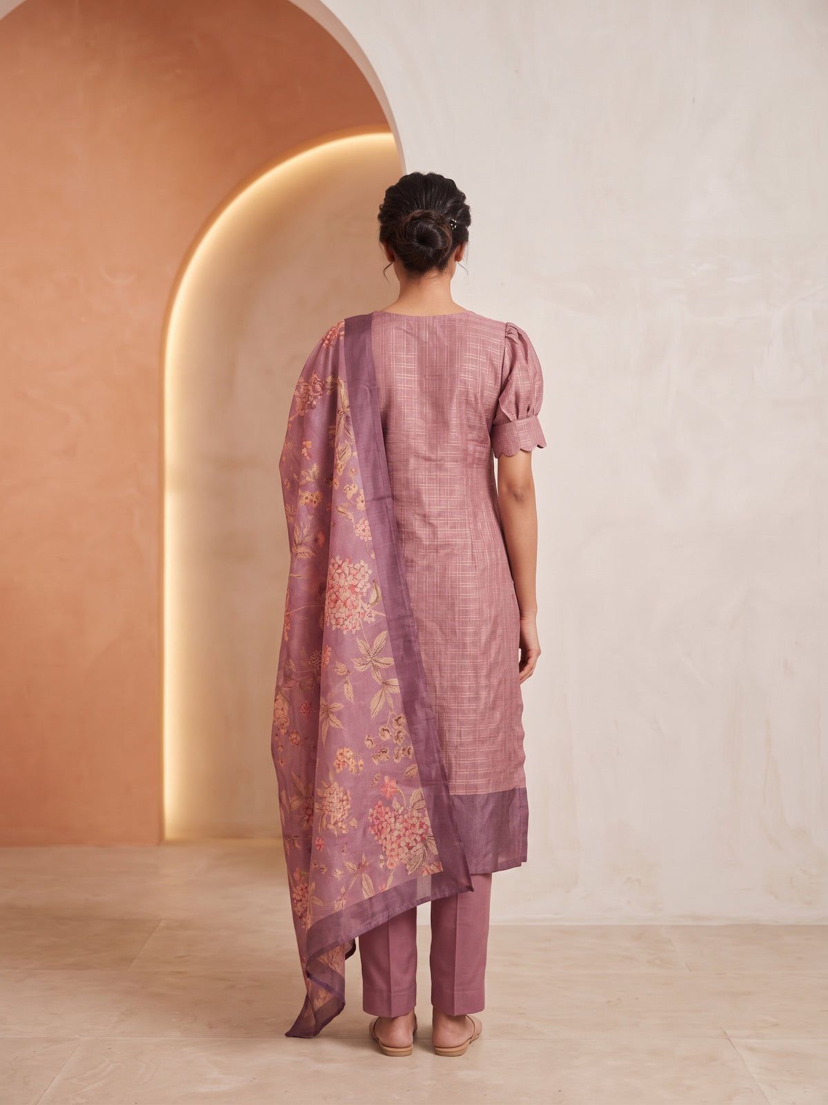 Dusky Pink Satin Daman 3 Piece Silk Check Blend Floral Printed Kurta with Pant & Dupatta