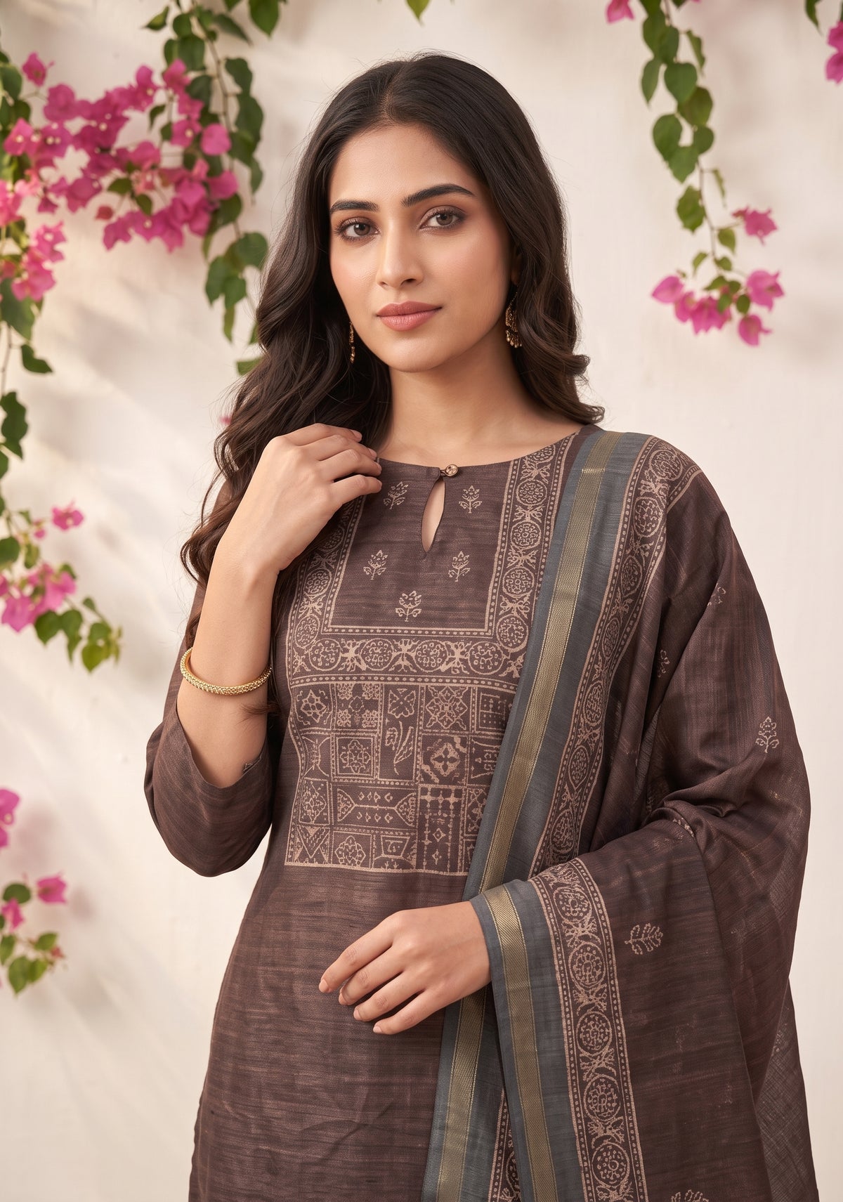 Tanira Brown printed 2 Piece Khata Silk Kurta with Dupatta