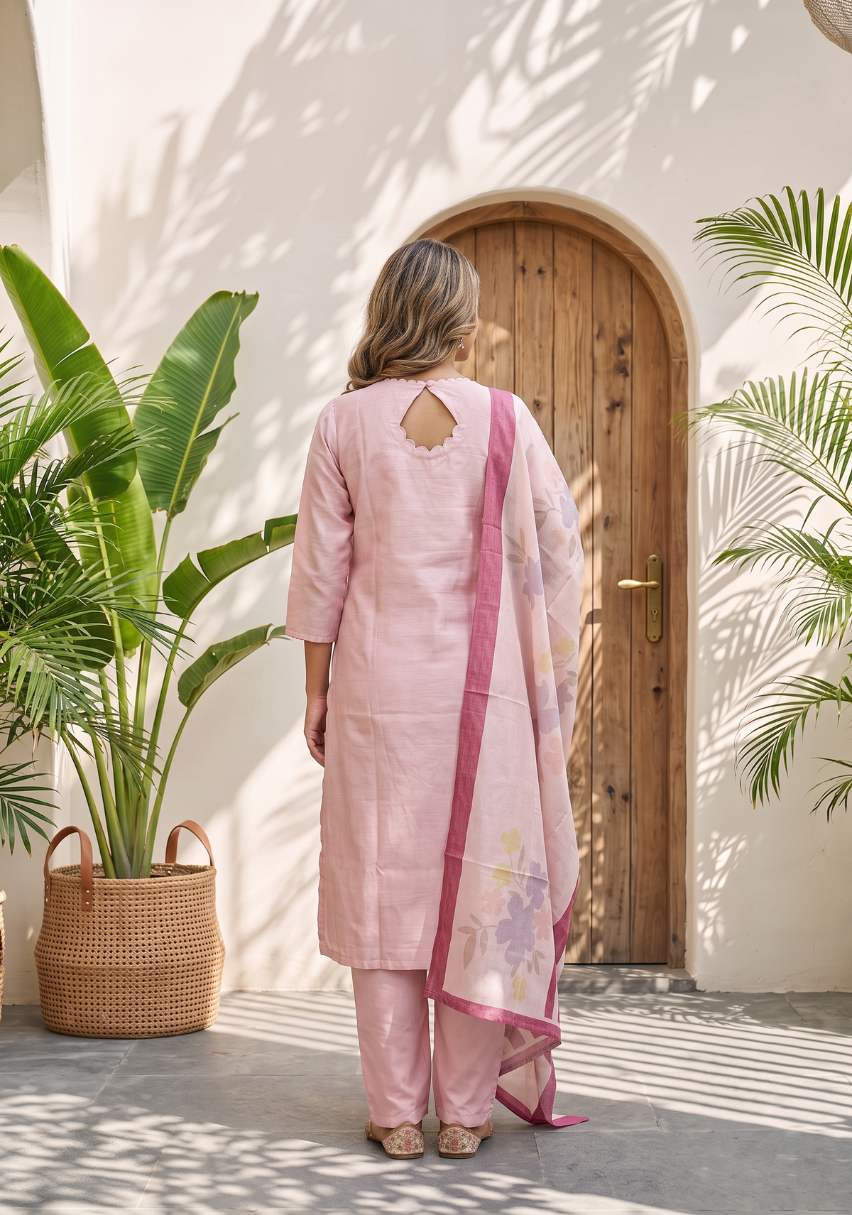 Rose Mist Light Pink 3 Piece Tussar Silk Blend Floral Embroidered & Printed Kurta with Pant & Dupatta