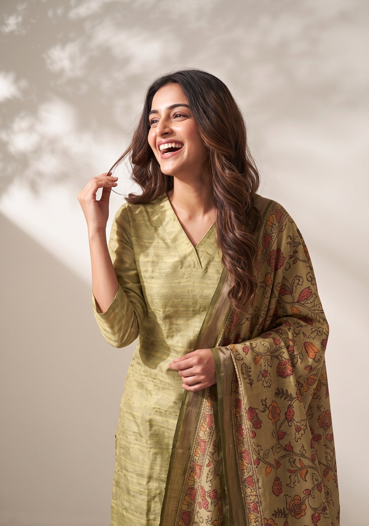 Tanira Green 3-Piece Tussar Silk Blend Floral Printed Kurta with Pant & Dupatta