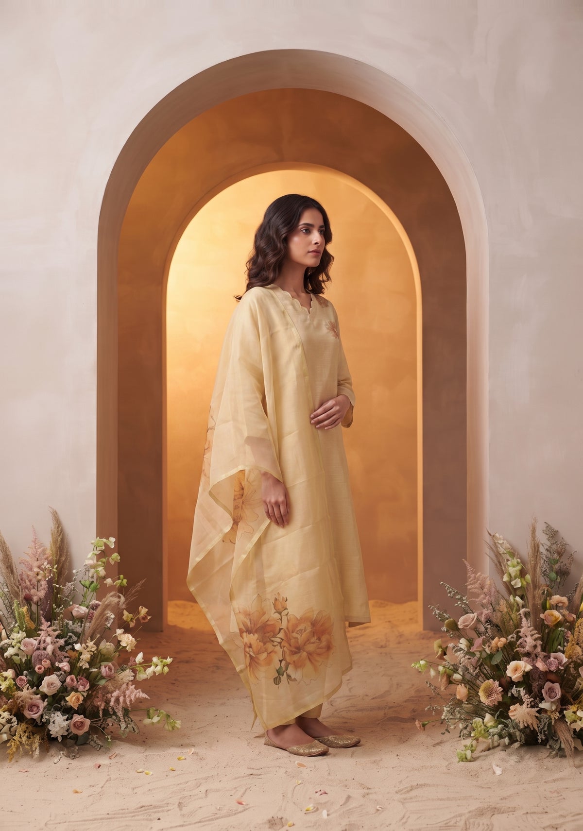 Mimsa Yellow Shimmer Tissue Kurta Set with Dupatta
