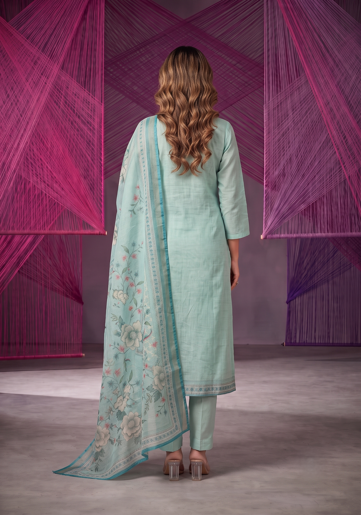 Tharisa Greyish Blue 3 Piece Shimmer Tissue Blend Placement Printed Kurta with Pant & Dupatta