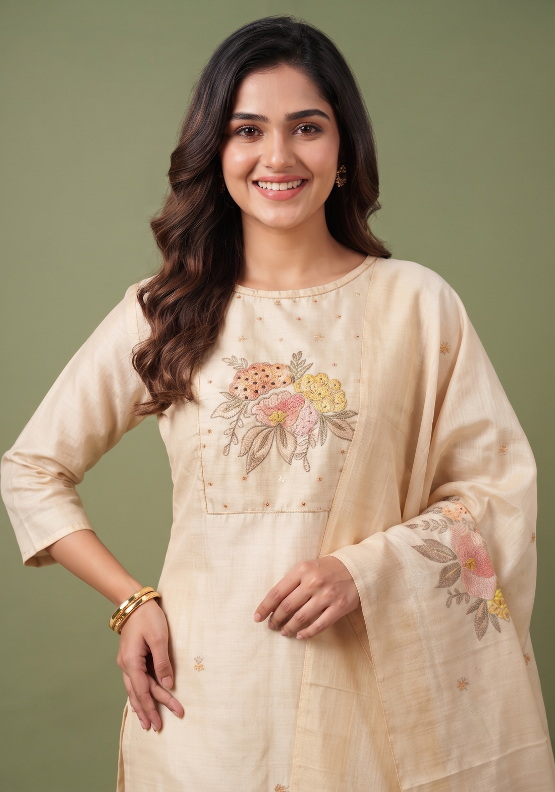 Fable Blossom Embroidered 3 Piece Butter Silk Blend Kurta Set with Dupatta