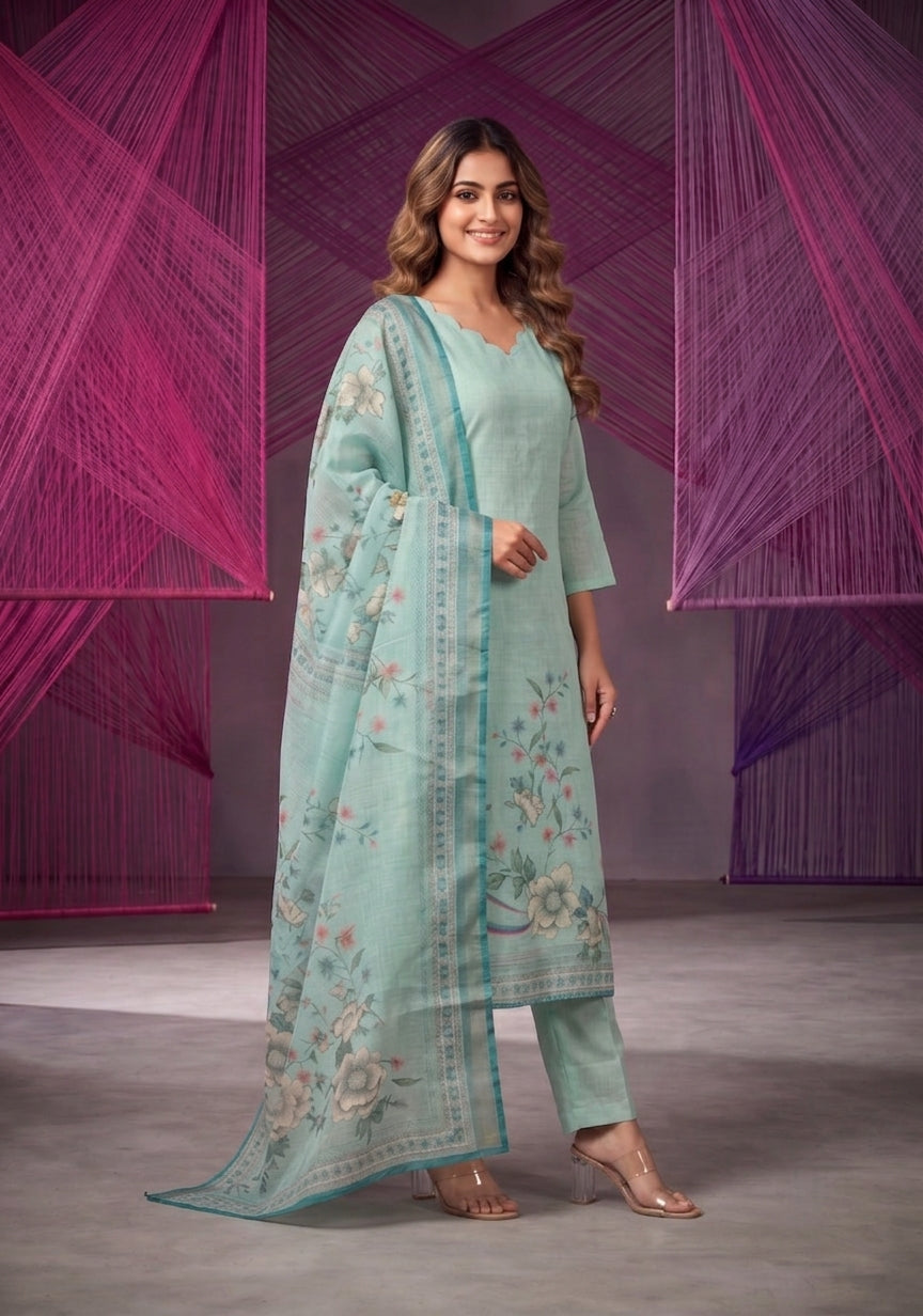 Tharisa Greyish Blue 3 Piece Shimmer Tissue Blend Placement Printed Kurta with Pant & Dupatta