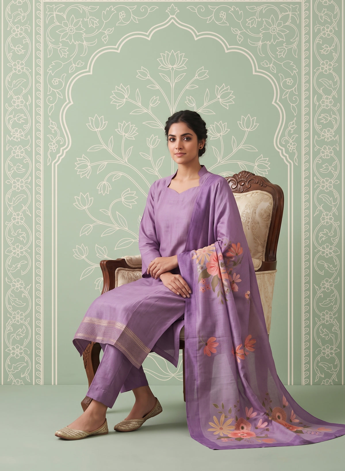 Lavender Hexa Violet 3 Piece Tussar Silk Kurta Set with Dupatta