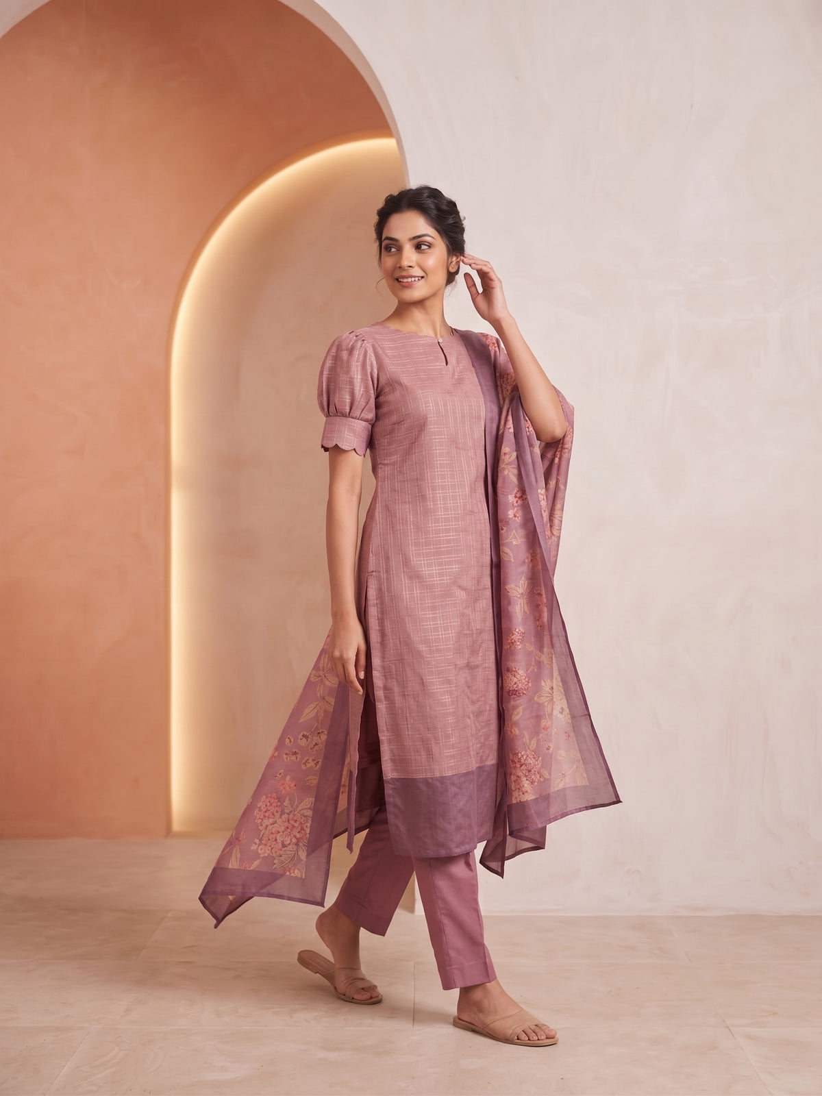 Dusky Pink Satin Daman 3 Piece Silk Check Blend Floral Printed Kurta with Pant & Dupatta
