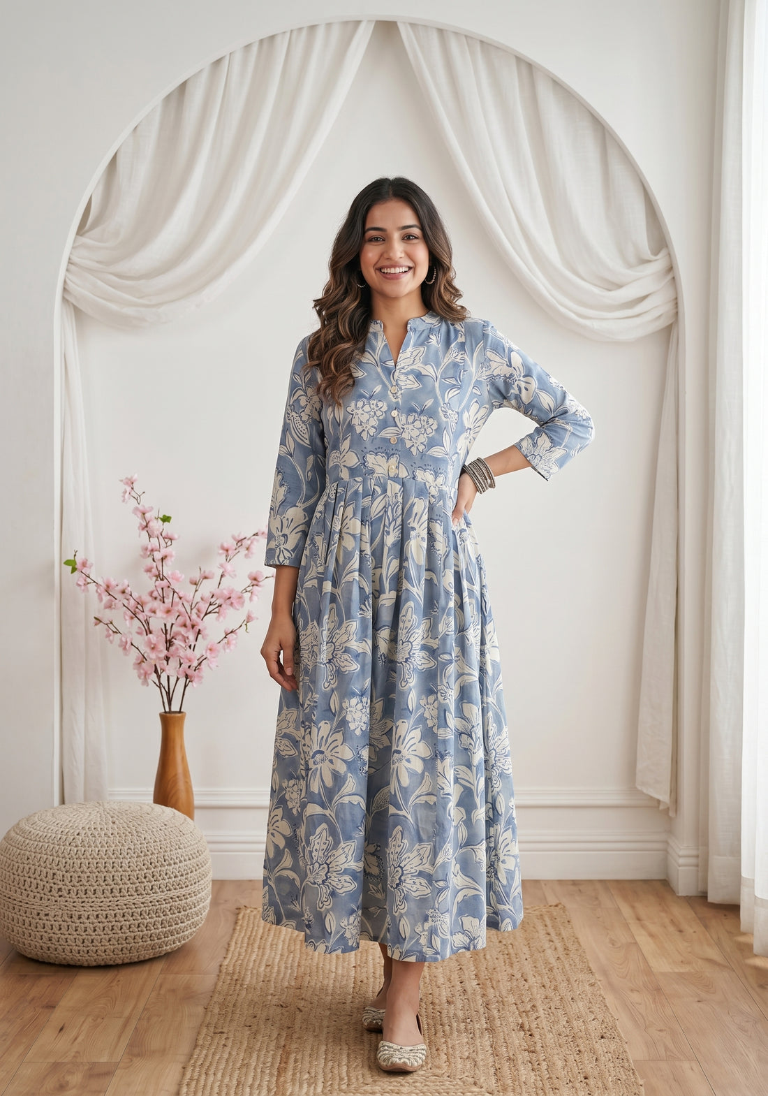 Classic Delight Blue Printed Maternity and Feeding Dress