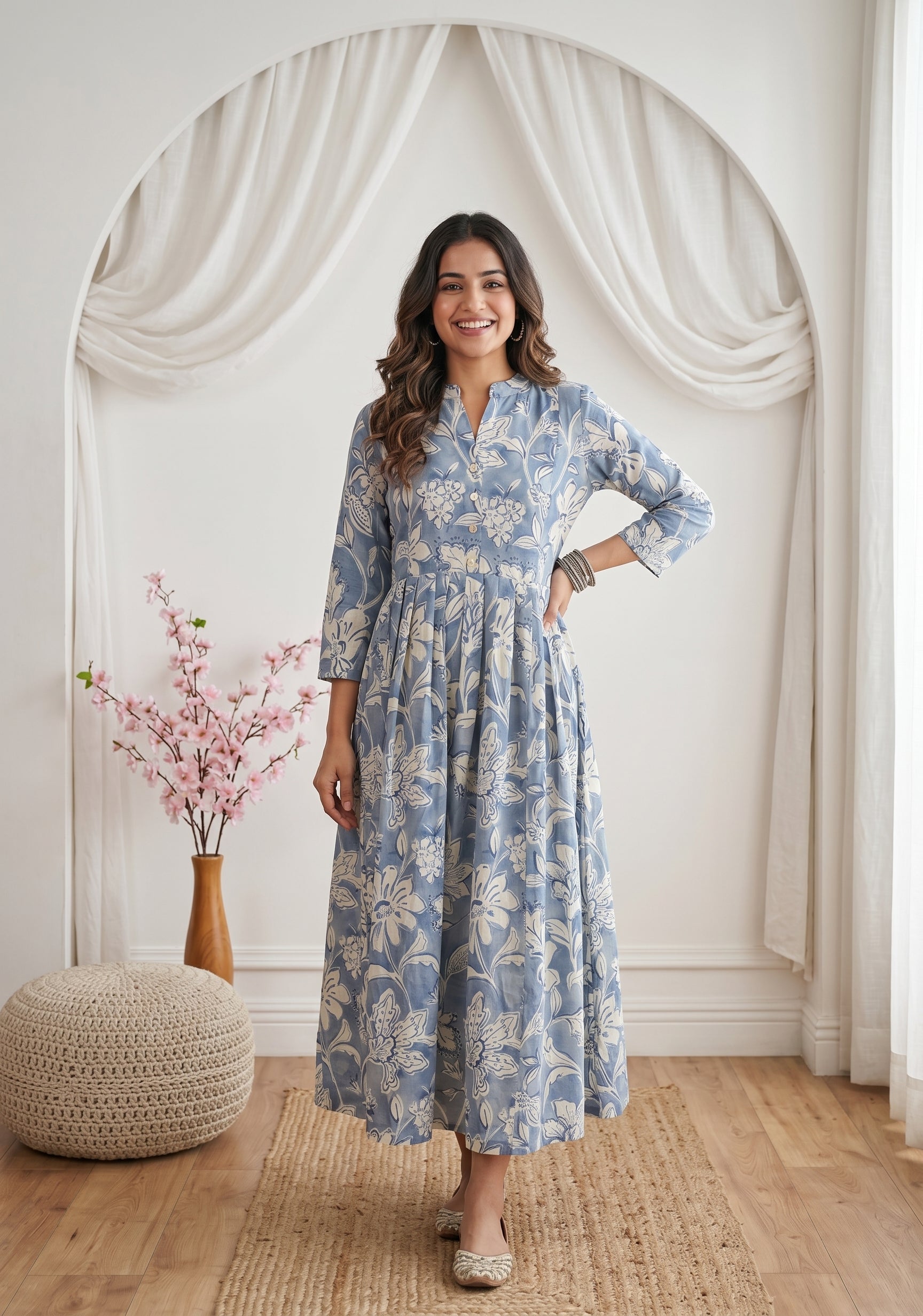 Classic Delight Blue Printed Maternity and Feeding Dress