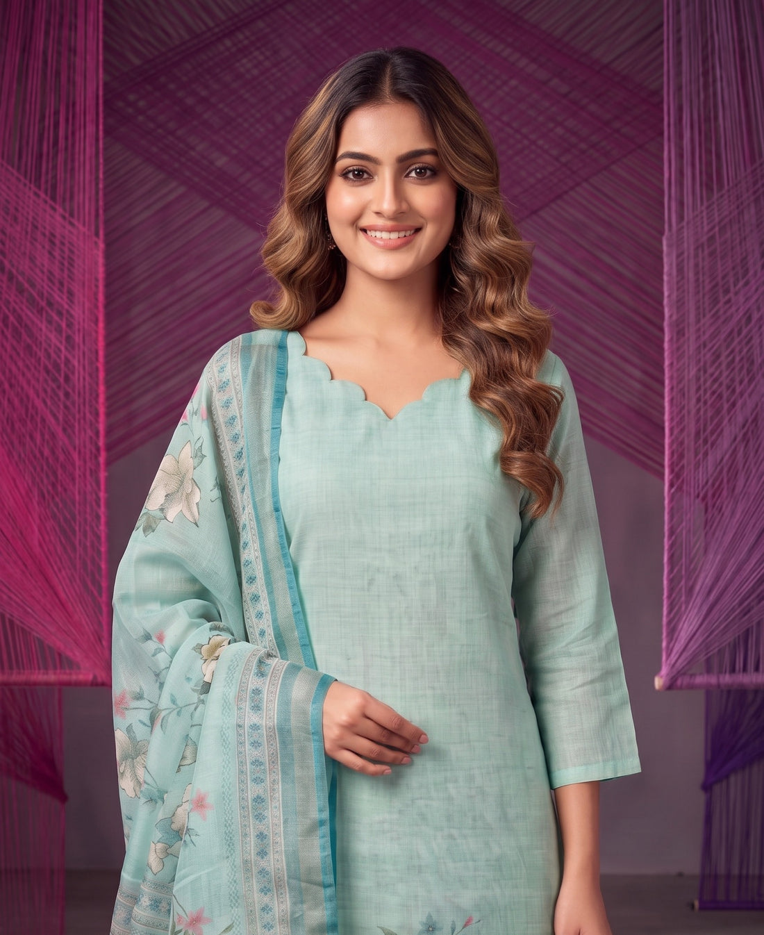 Tharisa Greyish Blue 3 Piece Shimmer Tissue Blend Placement Printed Kurta with Pant & Dupatta