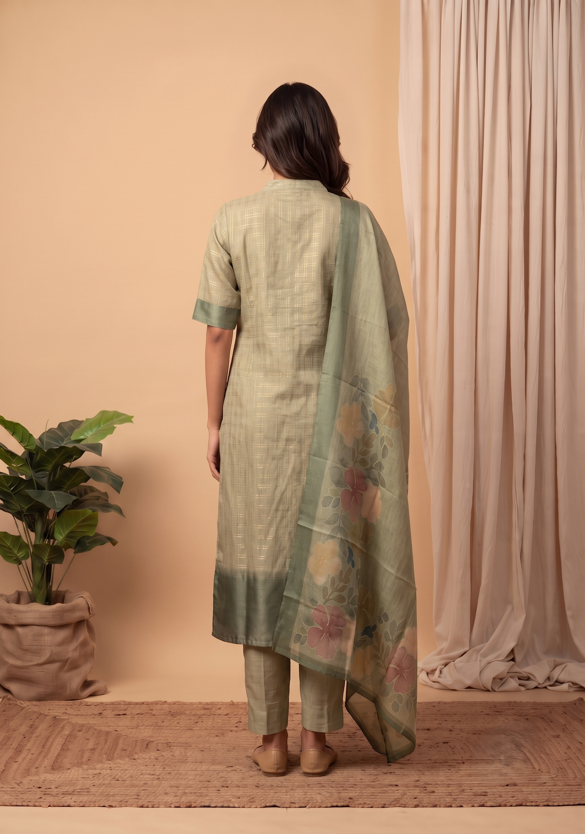 Olive Green 3 Piece Tussar Silk Printed Kurta Set with Dupatta