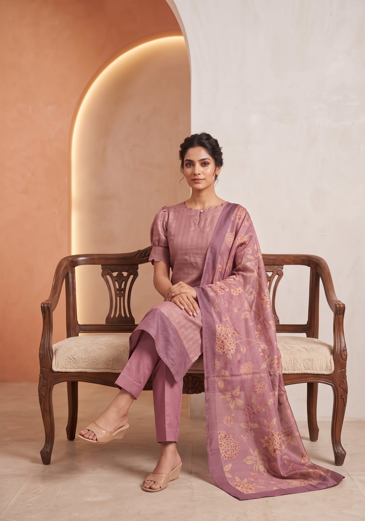 Dusky Pink Satin Daman 3 Piece Silk Check Blend Floral Printed Kurta with Pant & Dupatta