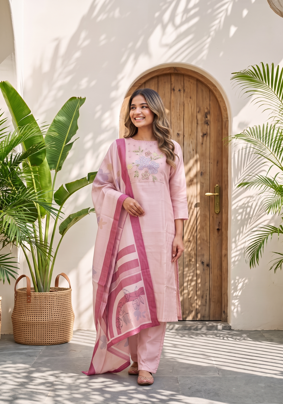Rose Mist Light Pink 3 Piece Tussar Silk Blend Floral Embroidered & Printed Kurta with Pant & Dupatta