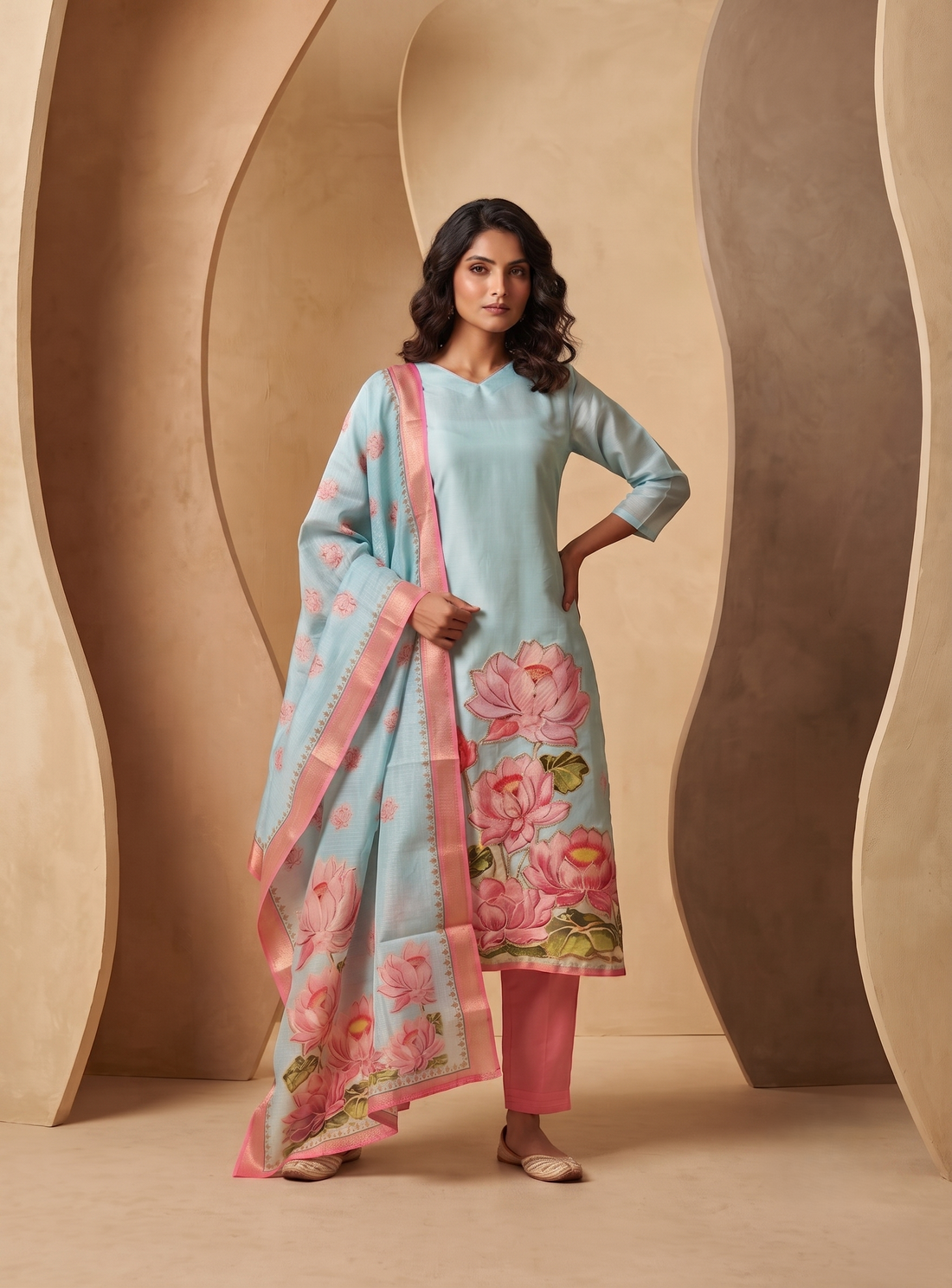 Lotus Mist Blue Printed 3 Piece Shimmer Tissue Kurti Set with Dupatta