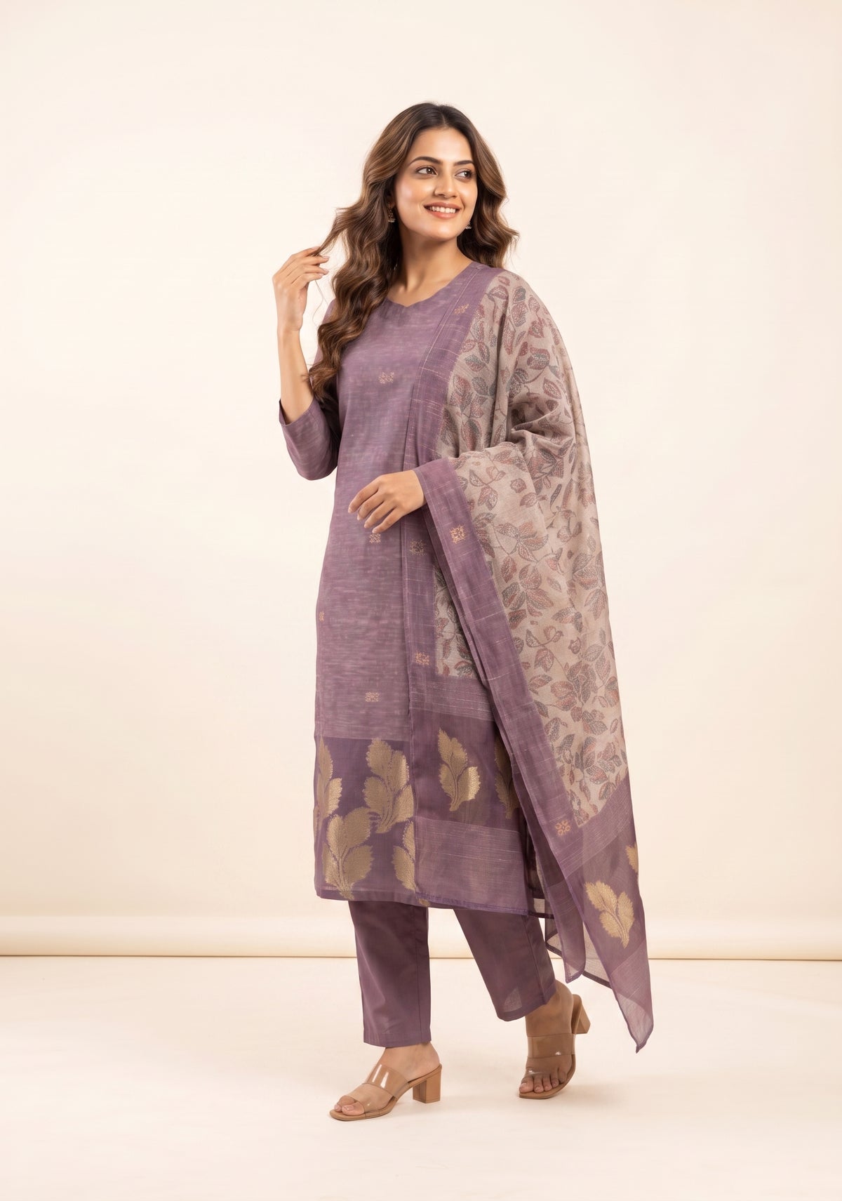 Petal Mist Jacquard 3 Piece Linen Kurta Set with Dupatta