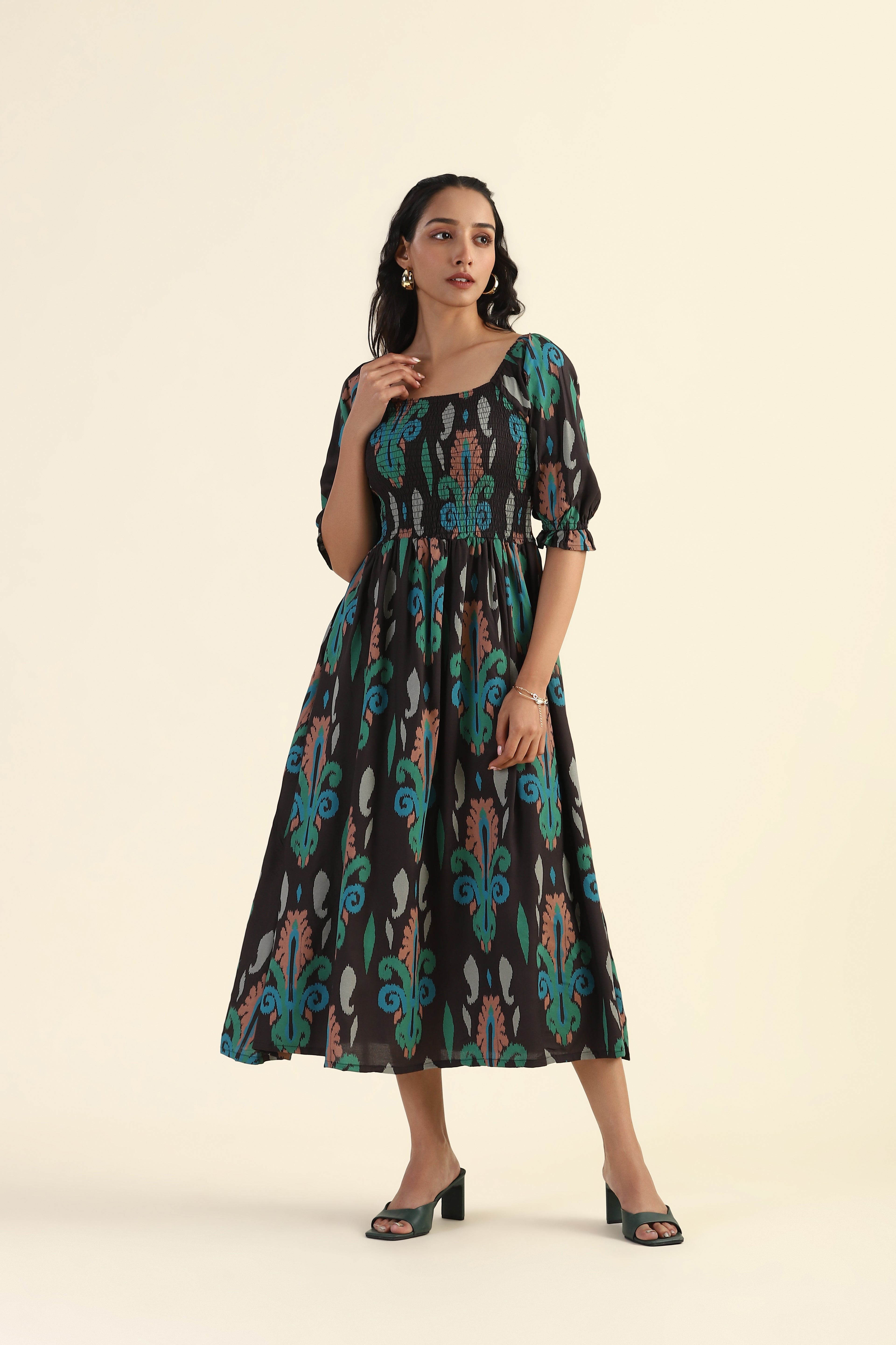 Green Smock Ikat Mirage Printed Viscose Dress