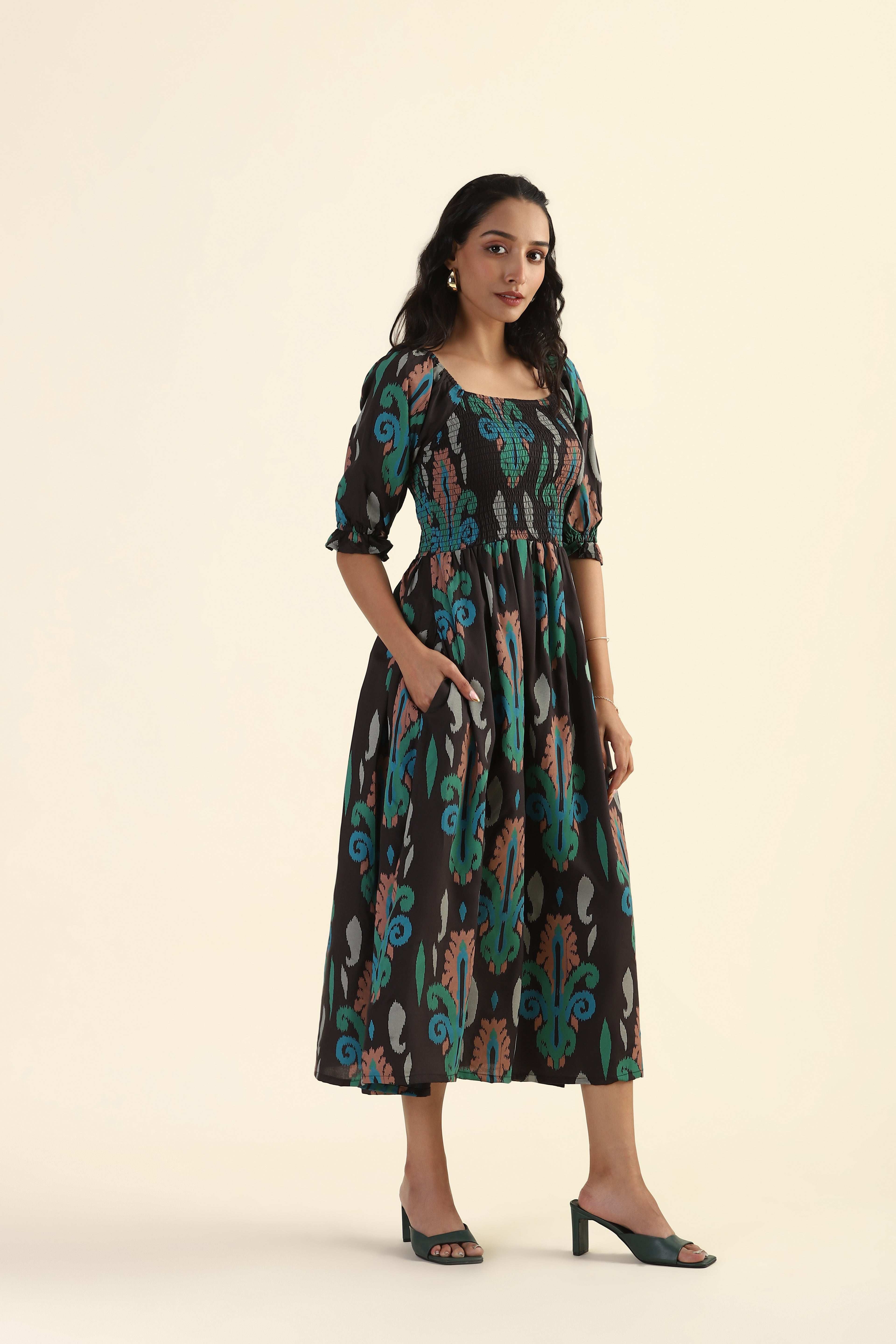 Green Smock Ikat Mirage Printed Viscose Dress