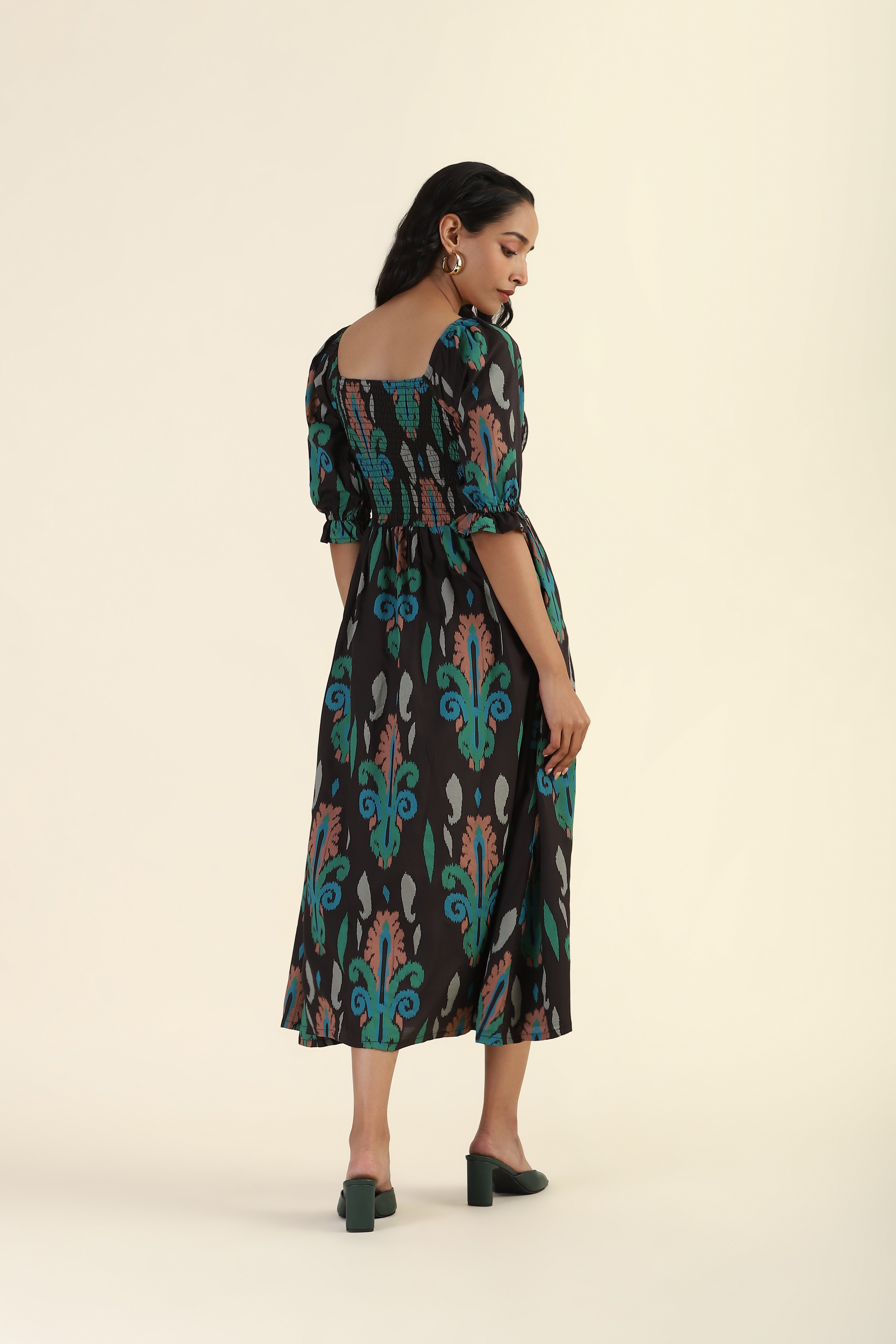 Green Smock Ikat Mirage Printed Viscose Dress