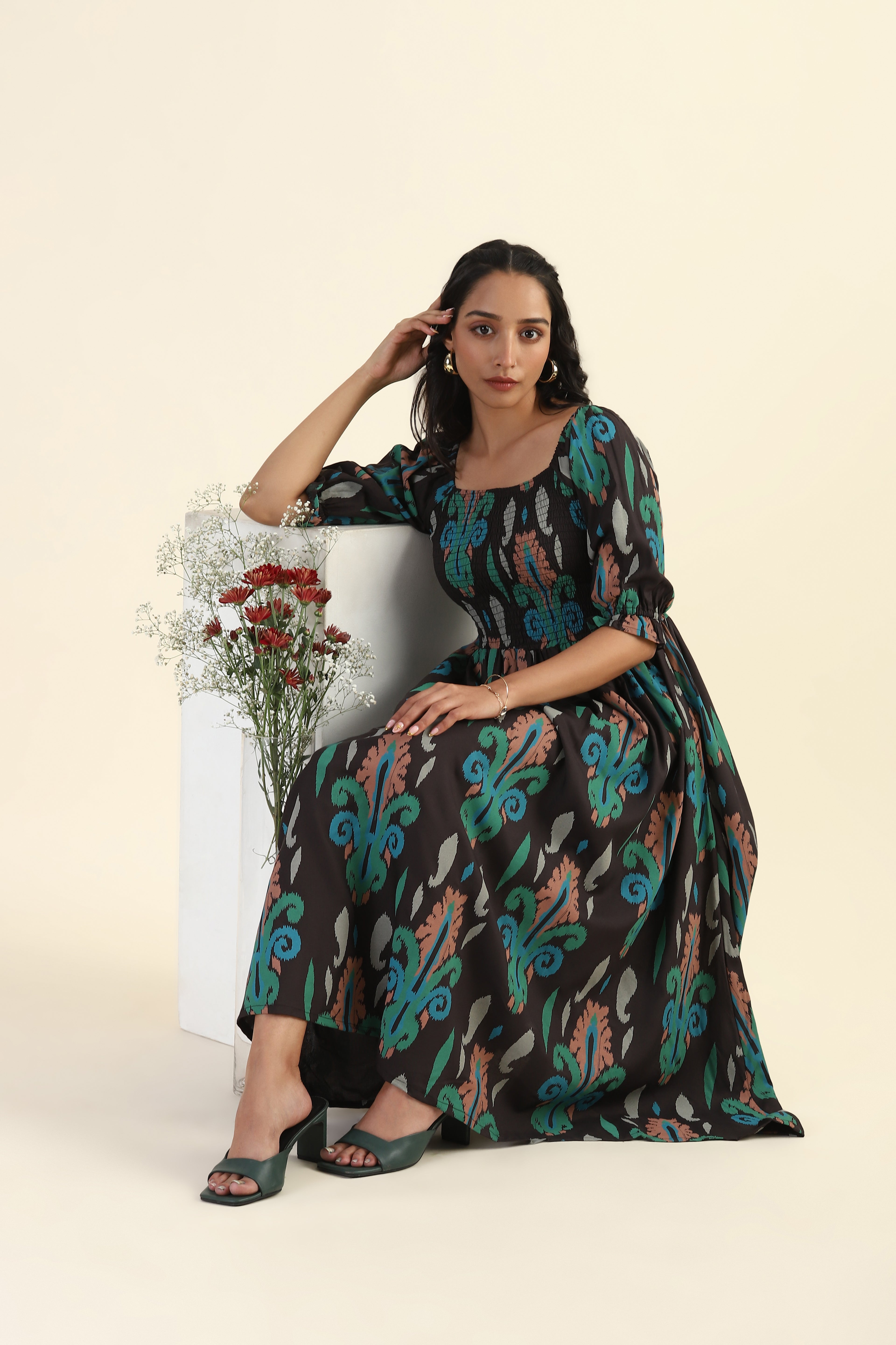 Green Smock Ikat Mirage Printed Viscose Dress