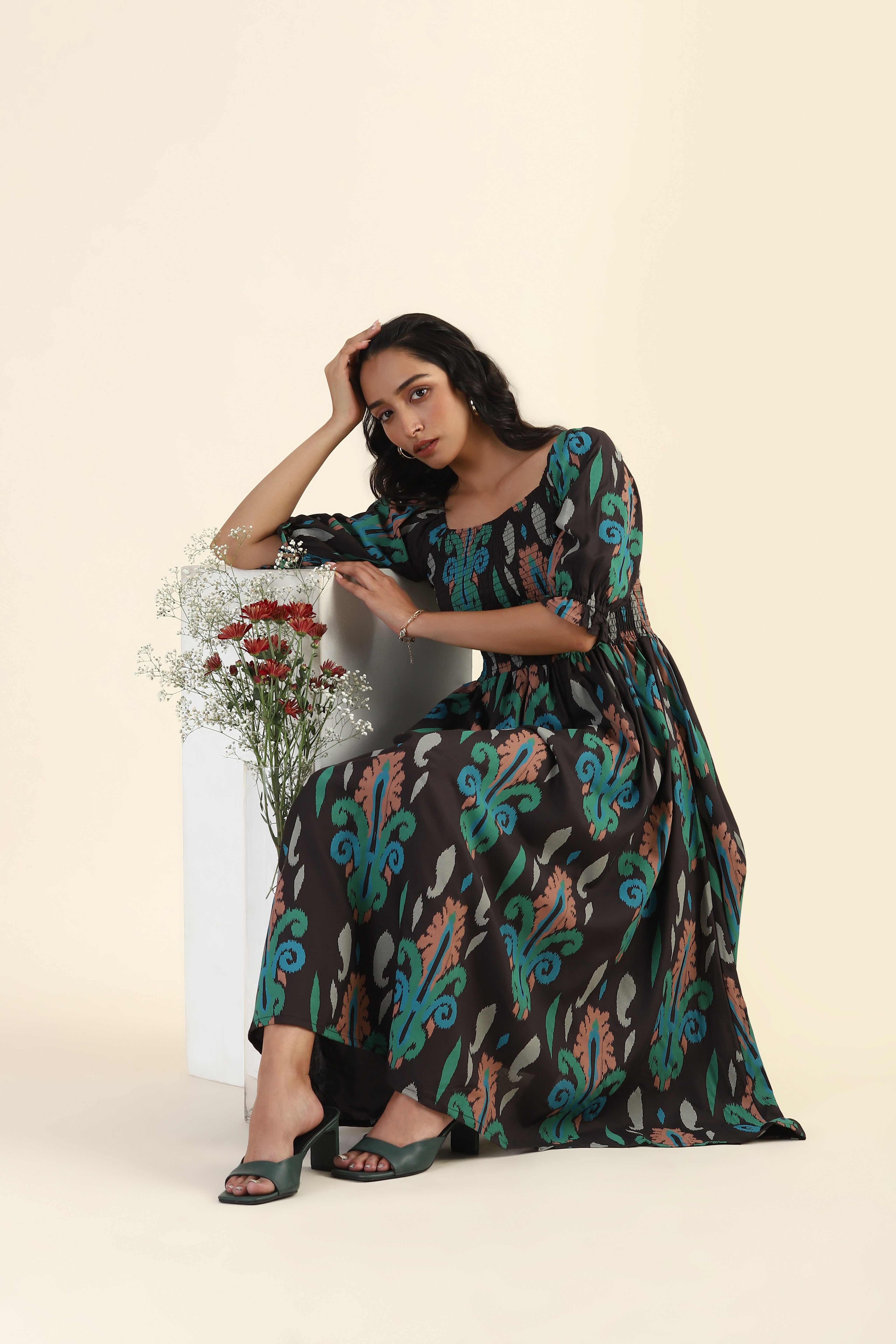 Green Smock Ikat Mirage Printed Viscose Dress