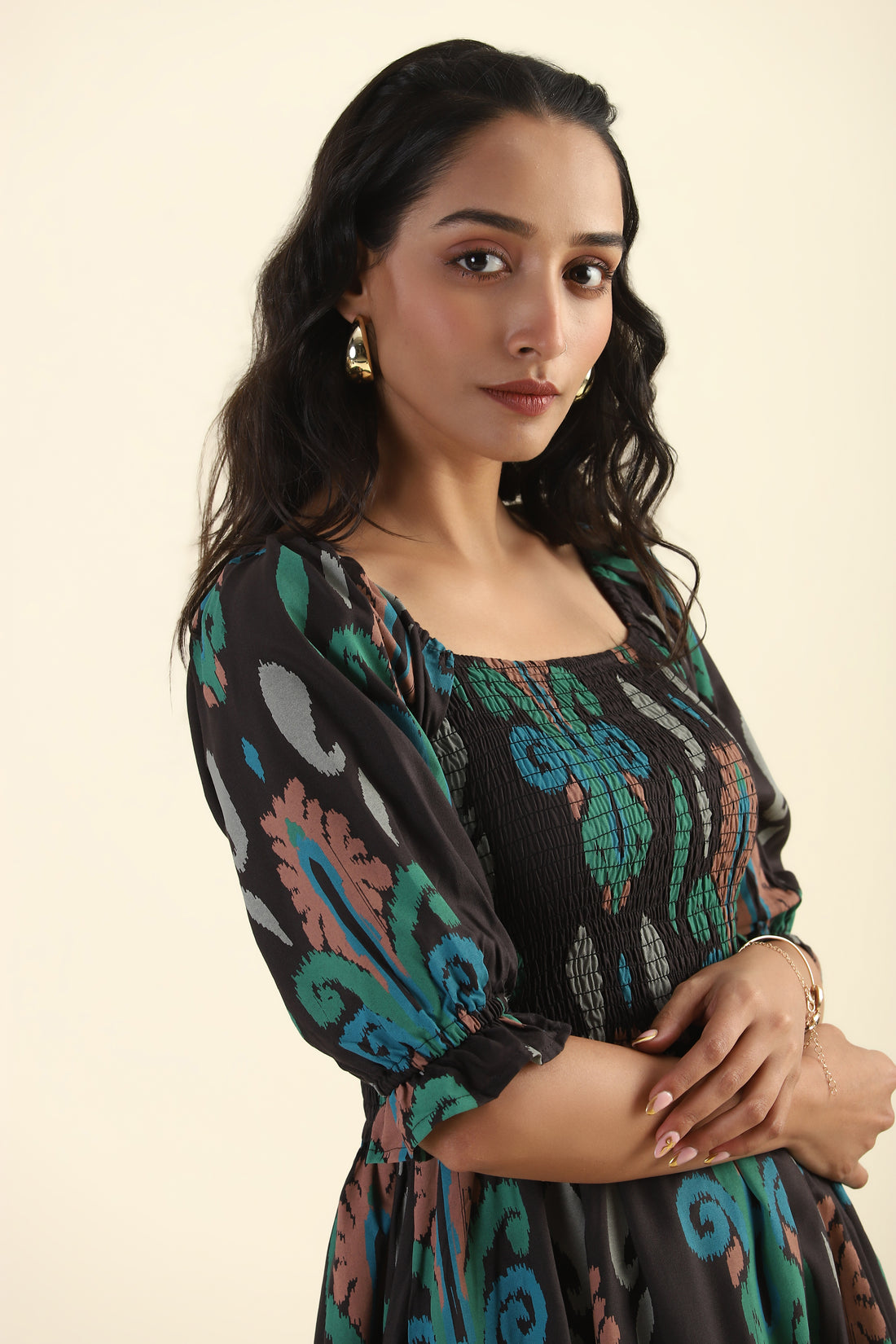 Green Smock Ikat Mirage Printed Viscose Dress