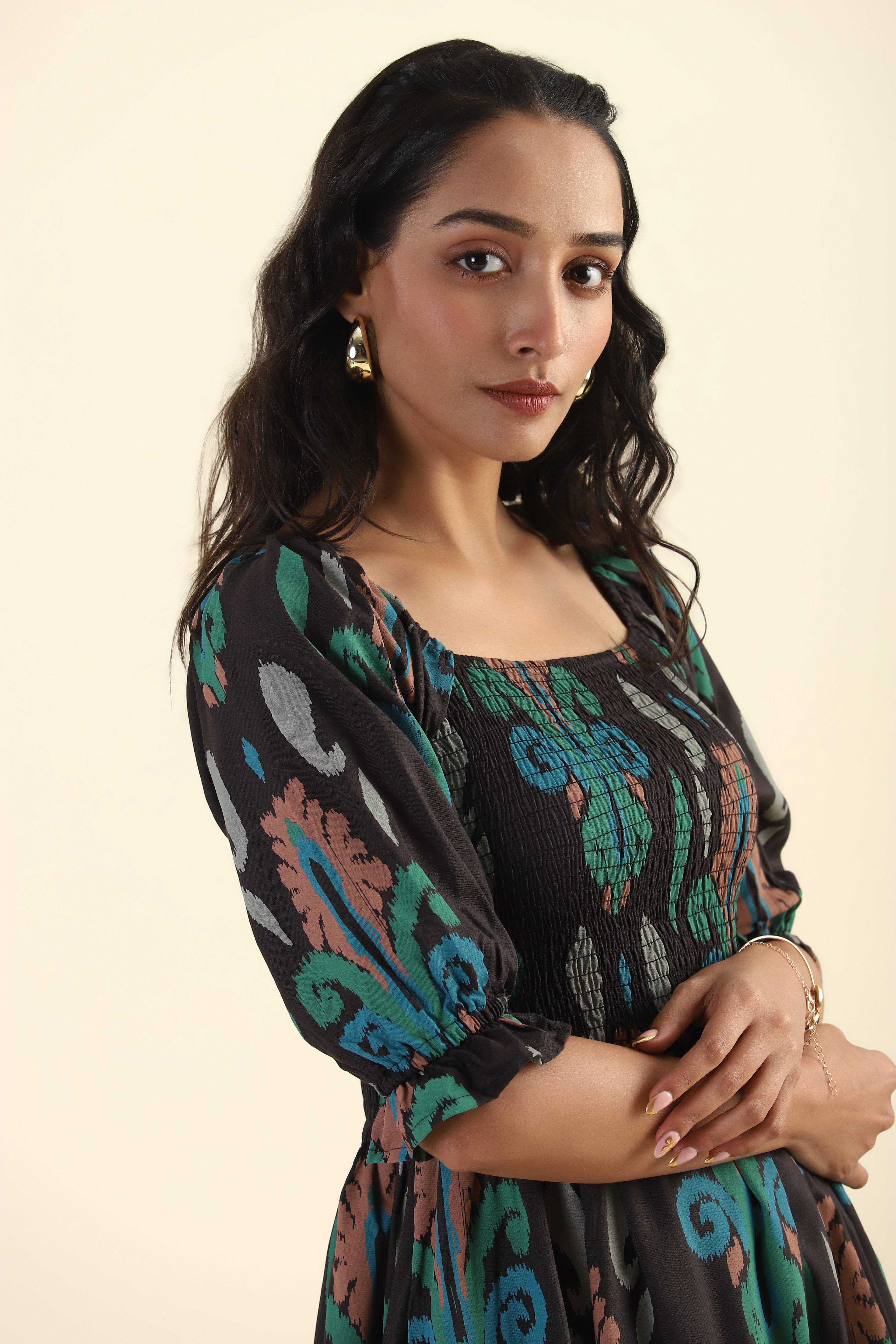 Green Smock Ikat Mirage Printed Viscose Dress