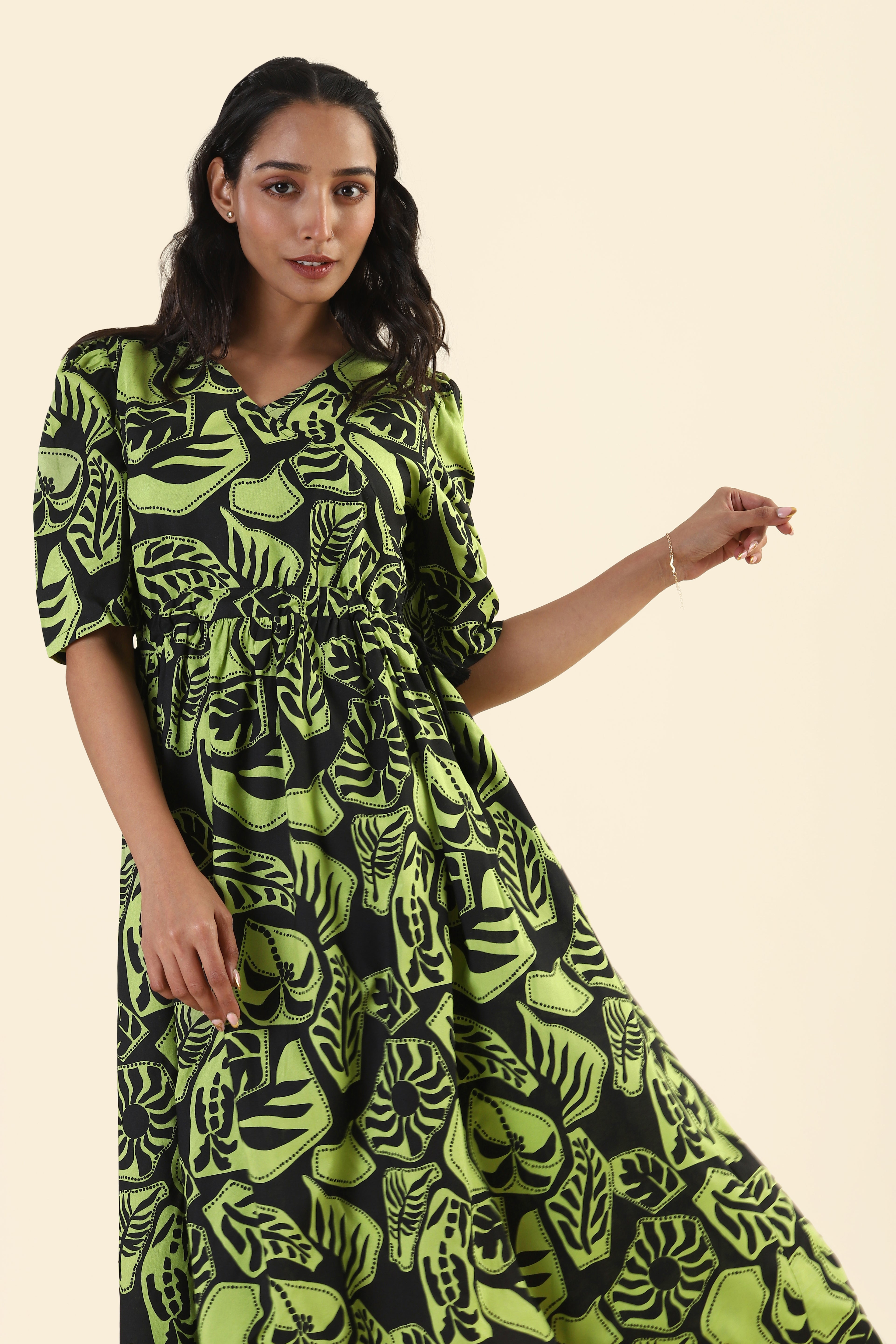 Mystic green Ethereal Grove Viscose Printed Dress