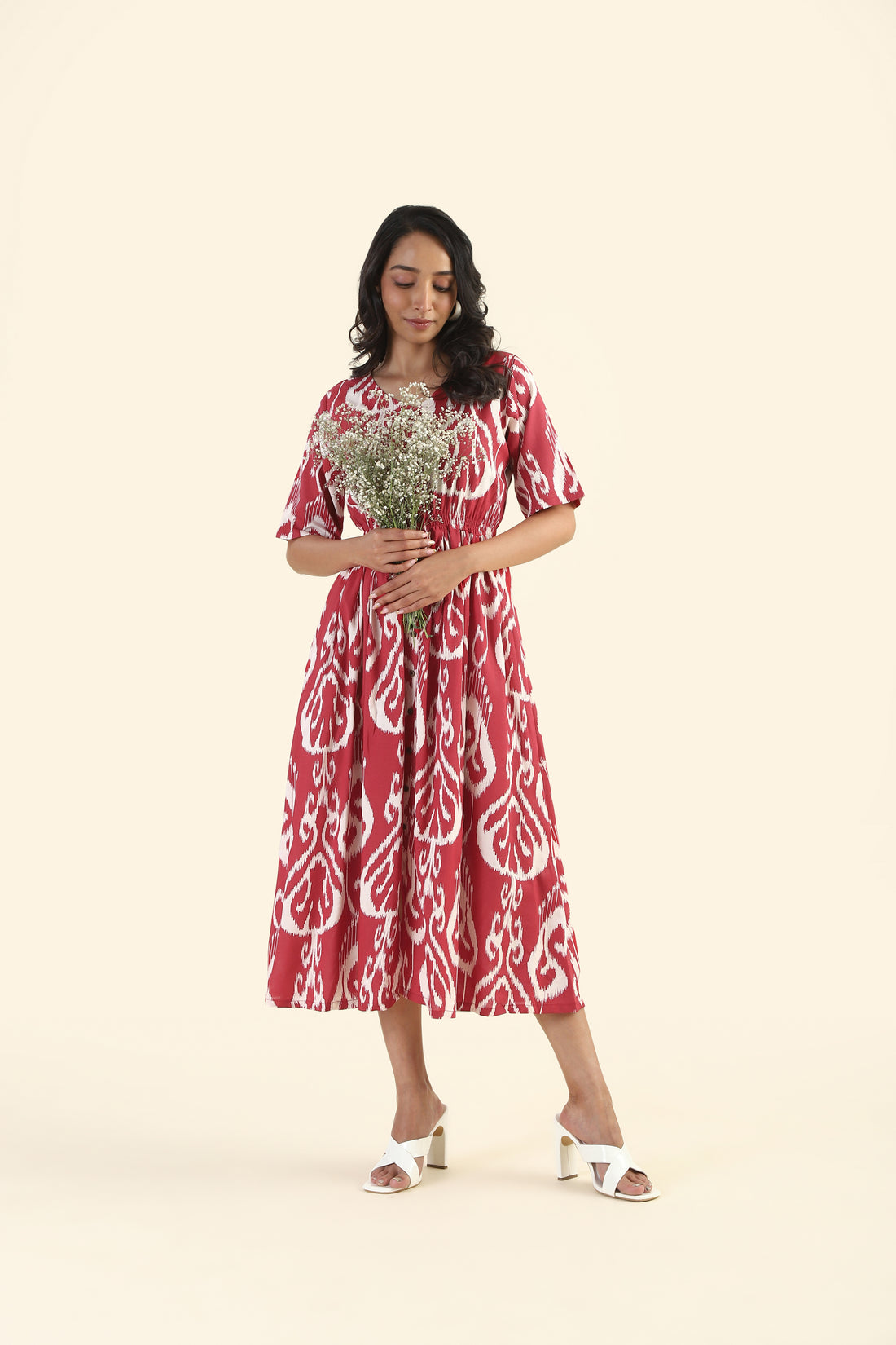 Chic Red Tranquil Ikat Printed Viscose Dress