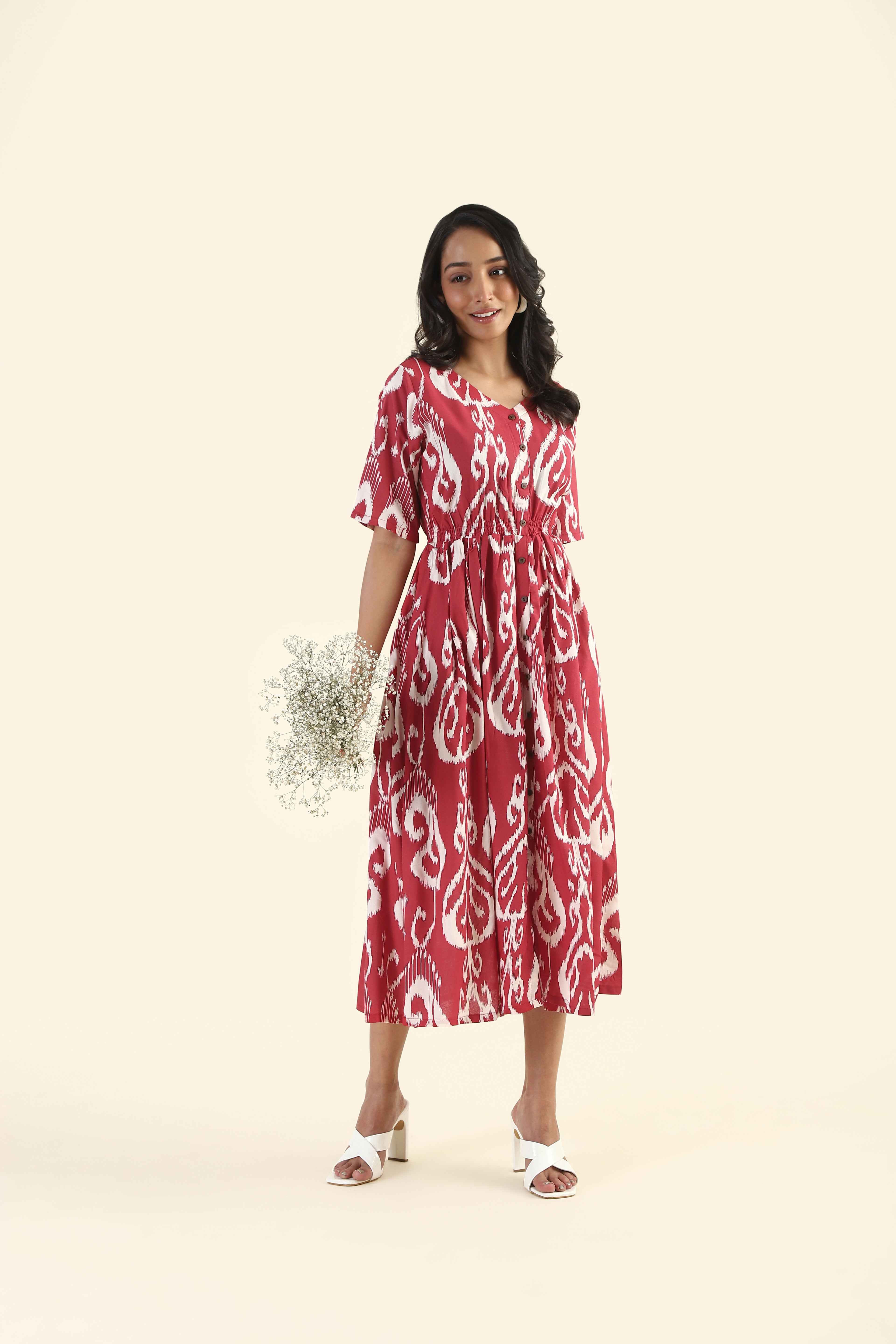 Chic Red Tranquil Ikat Printed Viscose Dress