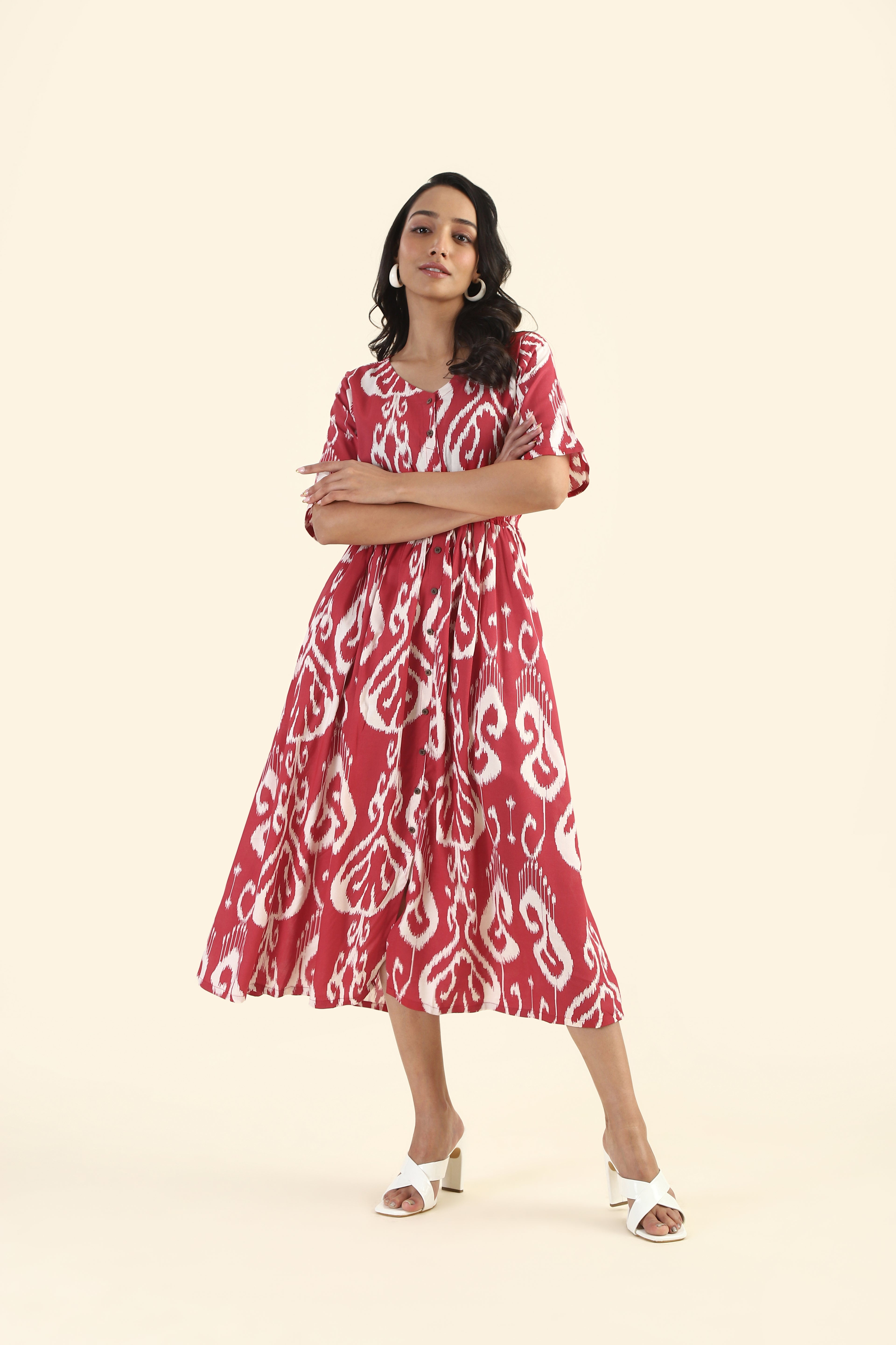 Chic Red Tranquil Ikat Printed Viscose Dress