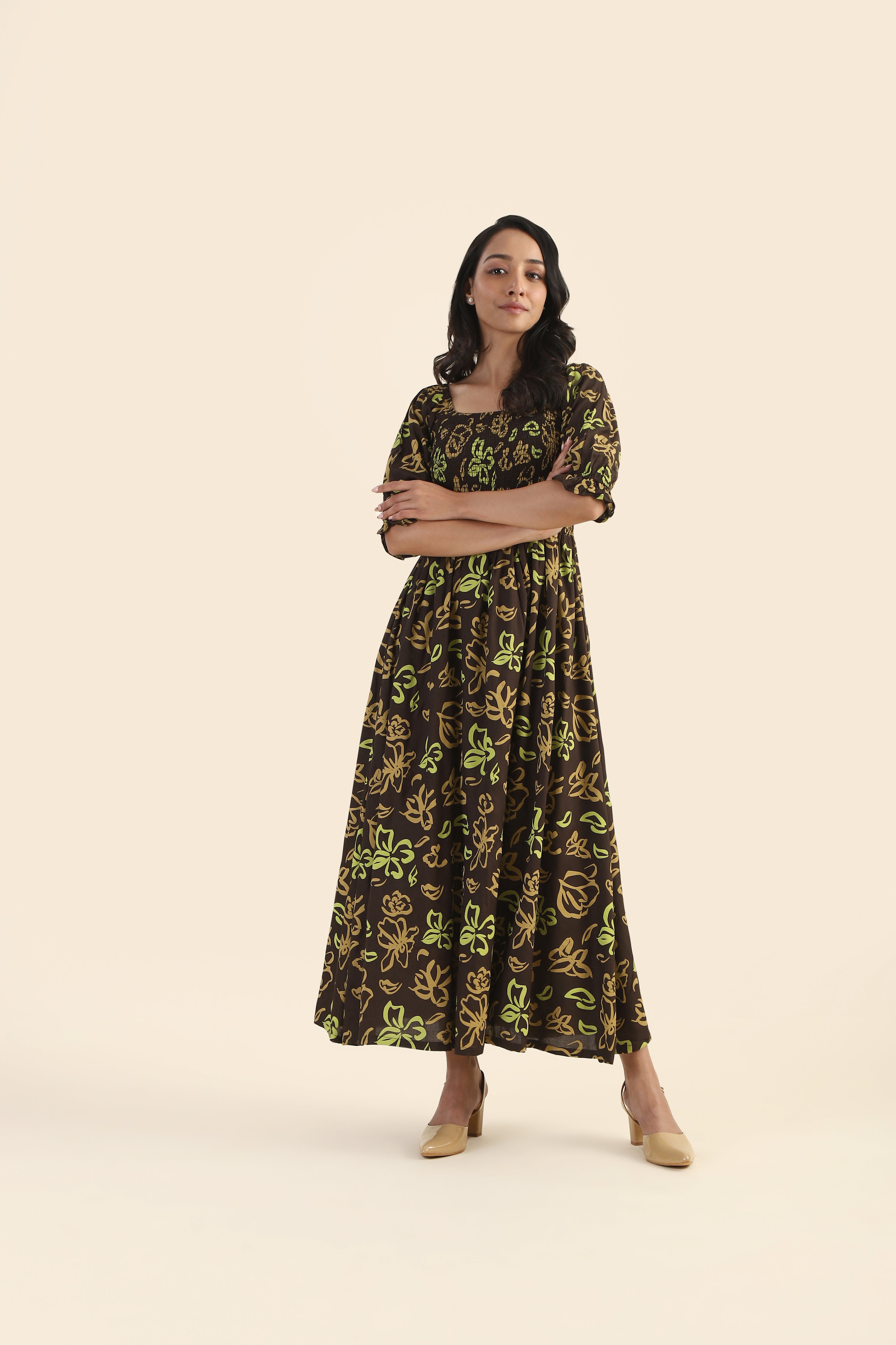 Toffee Brown Drizzle Smock Viscose Dress