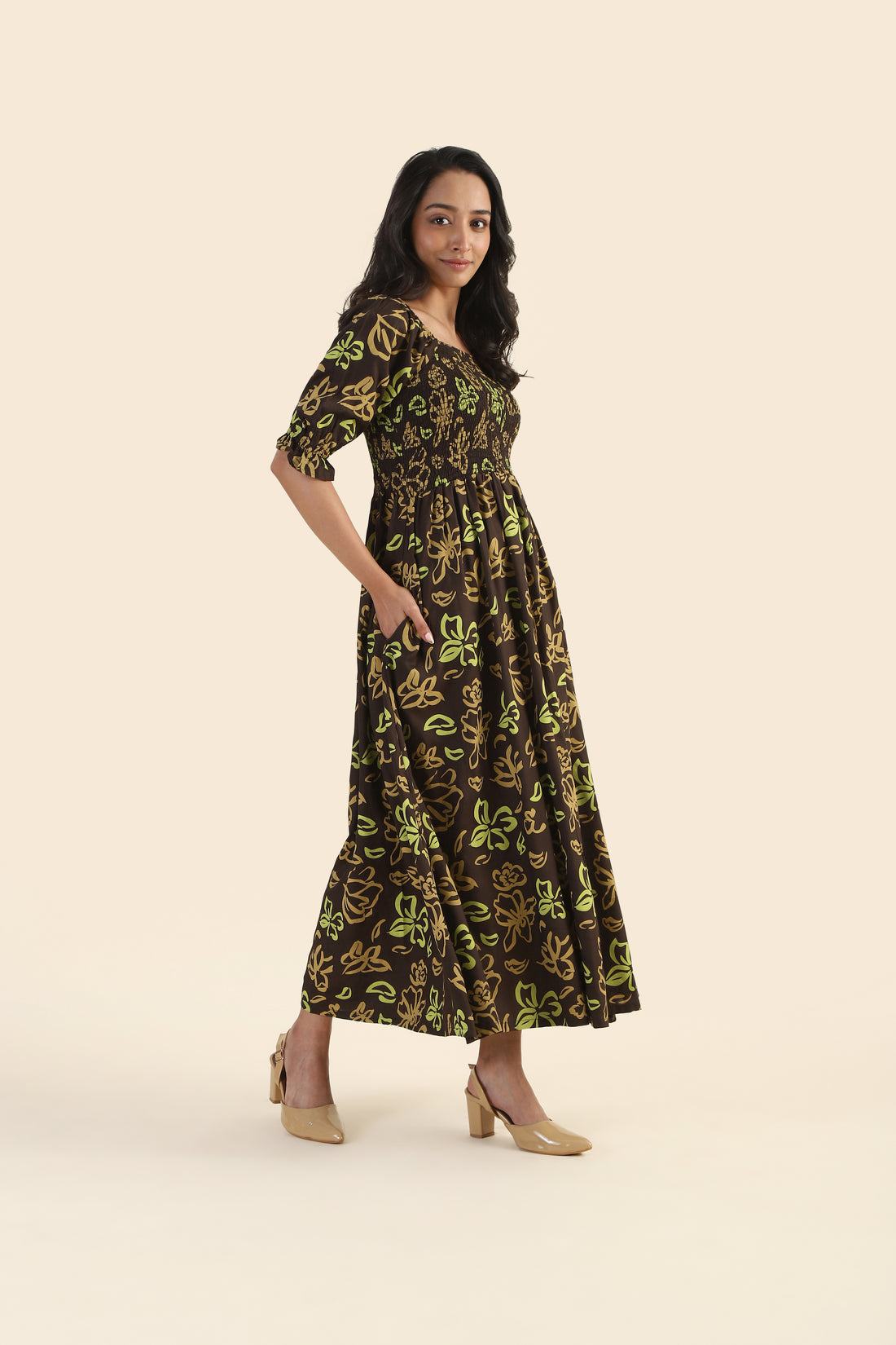 Toffee Brown Drizzle Smock Viscose Dress