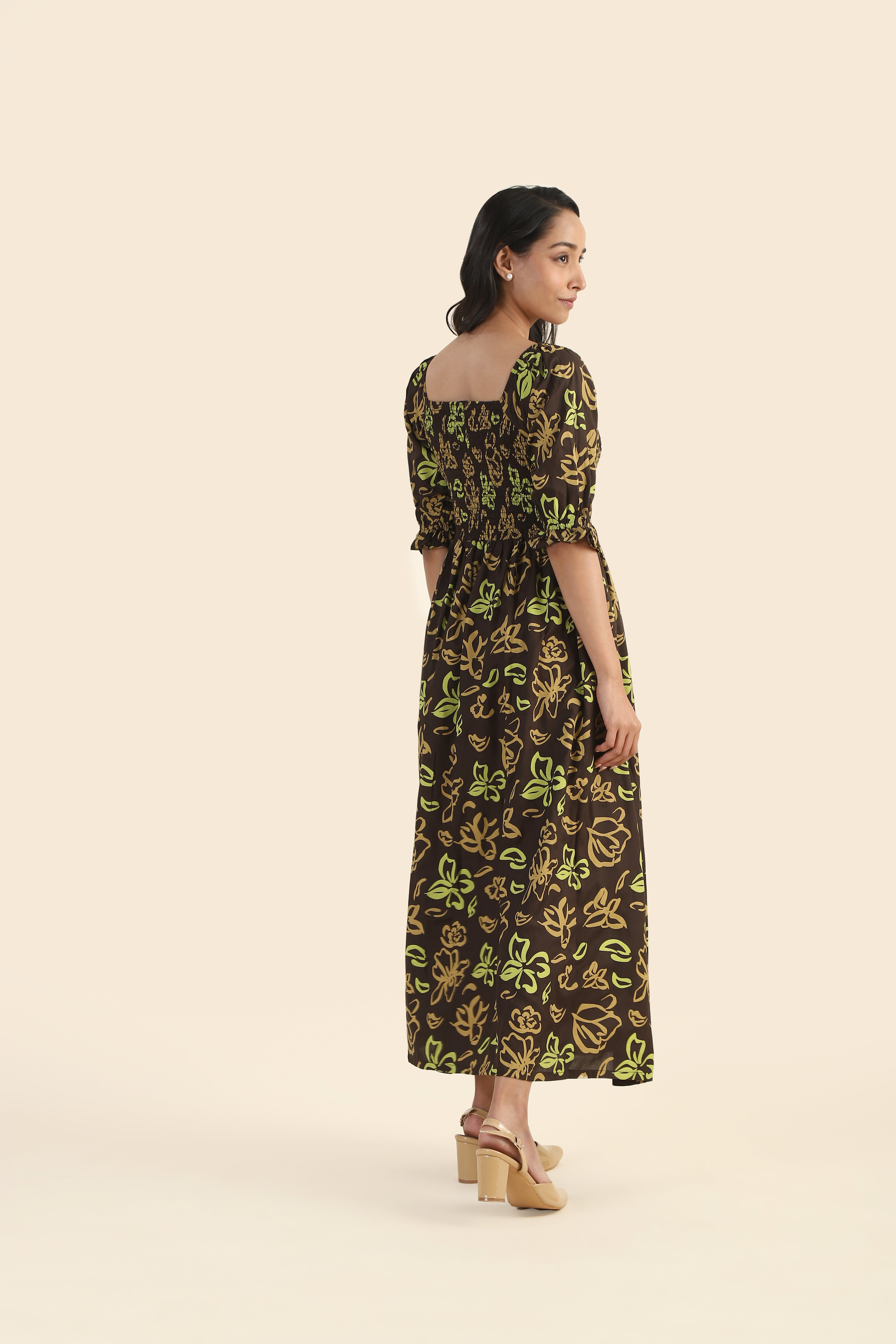 Toffee Brown Drizzle Smock Viscose Dress