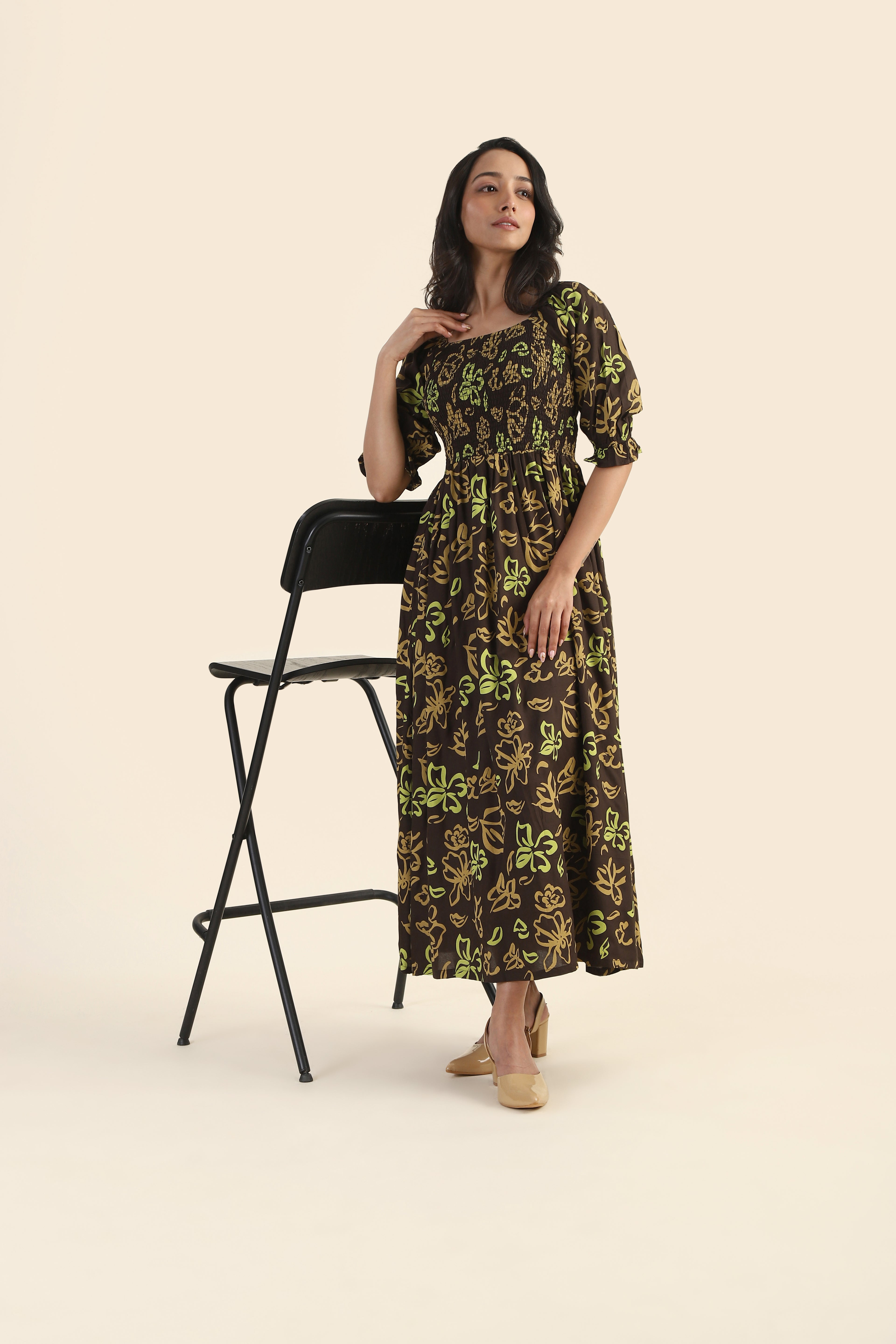 Toffee Brown Drizzle Smock Viscose Dress