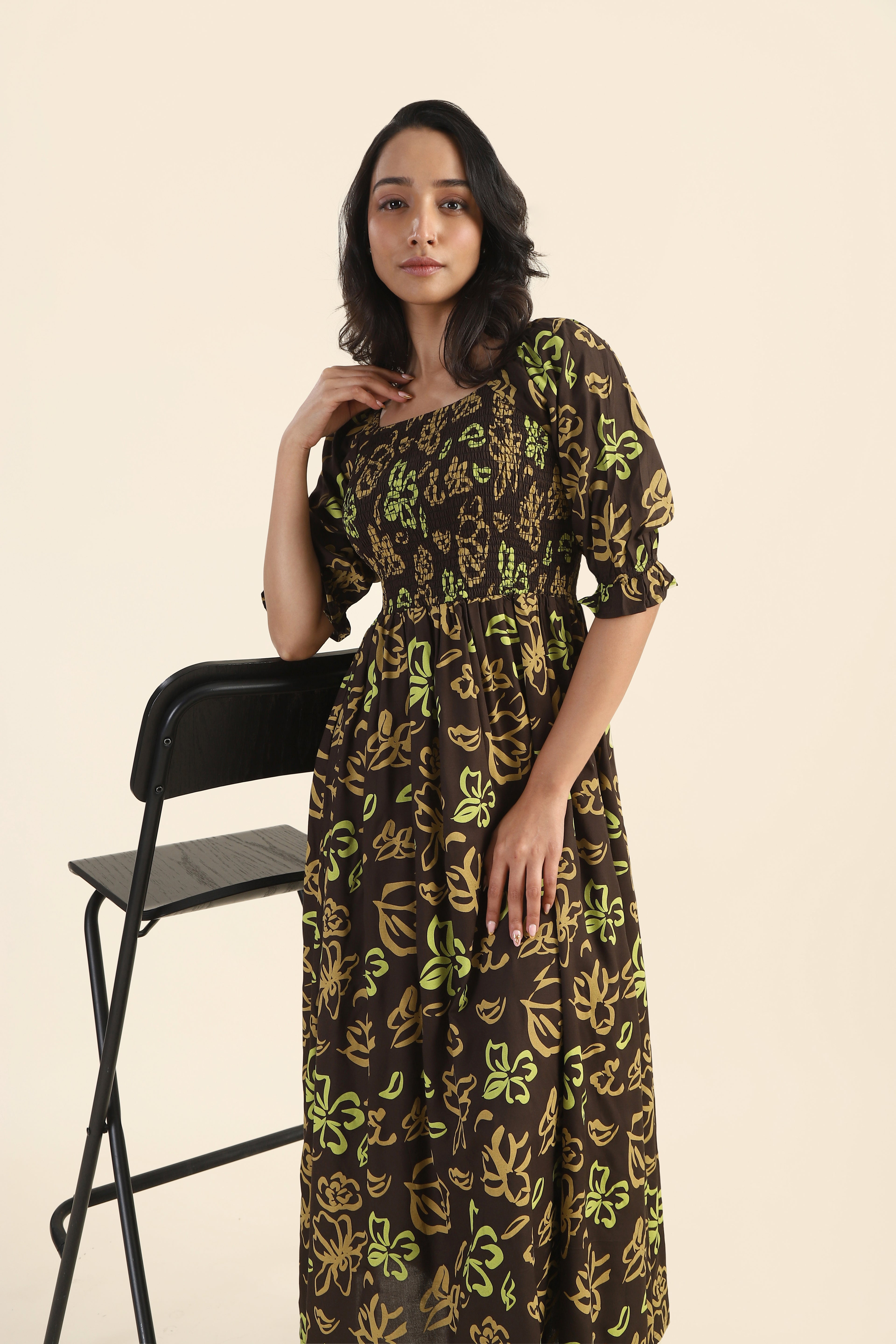 Toffee Brown Drizzle Smock Viscose Dress