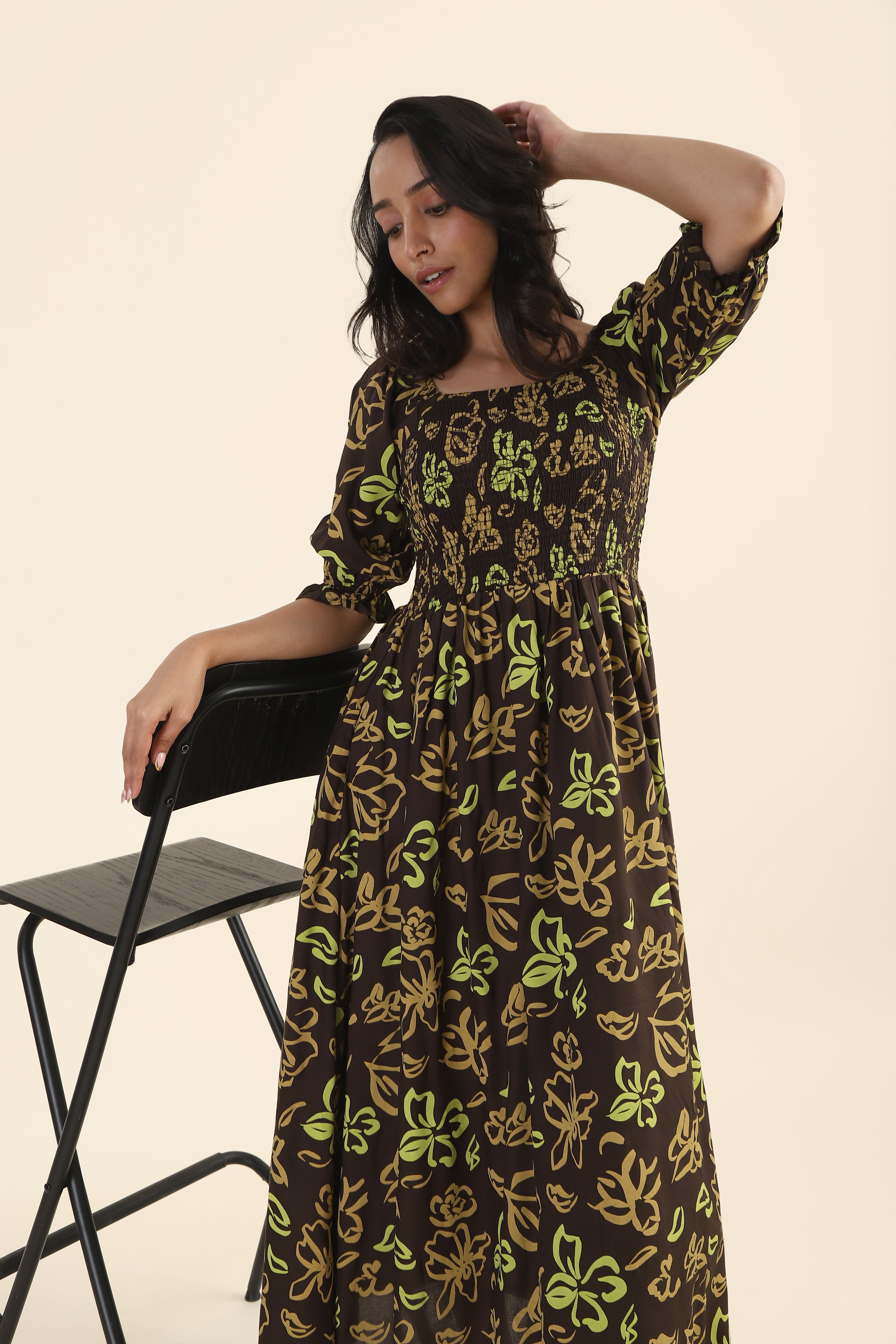 Toffee Brown Drizzle Smock Viscose Dress