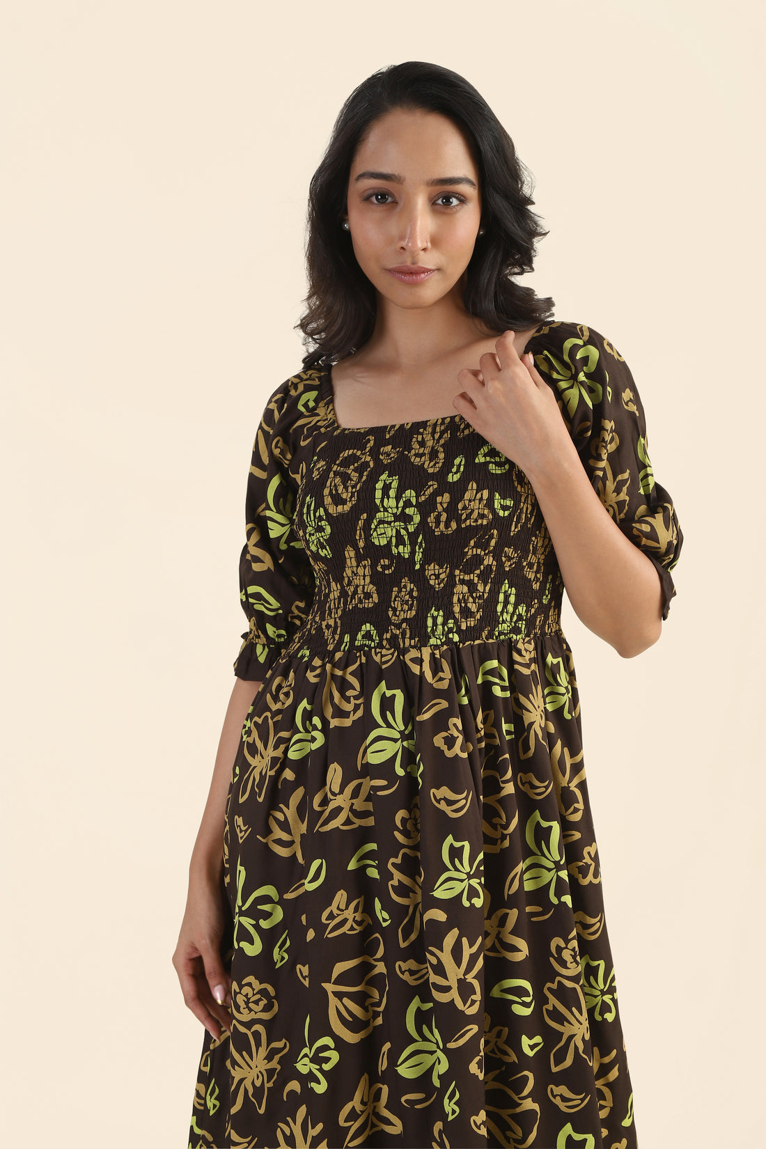 Toffee Brown Drizzle Smock Viscose Dress